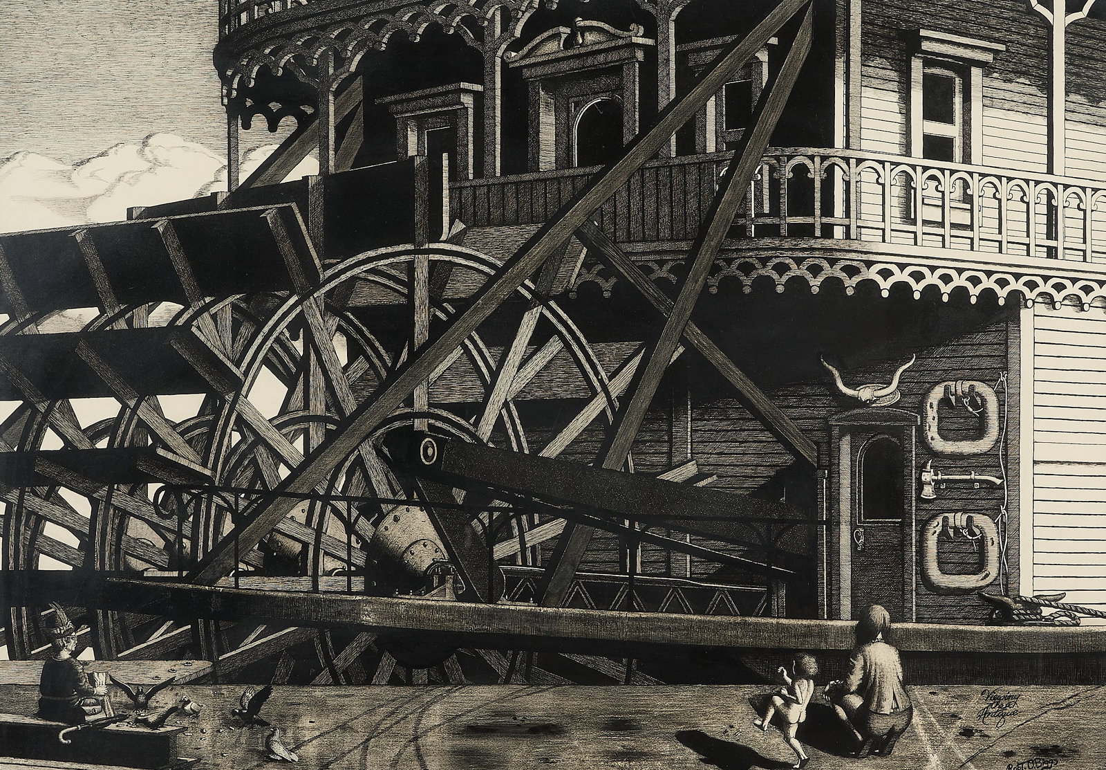 Robert O. Biggs "Viewing the Antique" Ink Drawing: Robert O. Biggs (American, 1920-1984). Ink on paper drawing titled "Viewing the Antique," 1971. Depicting three figures seated on a dock observing the paddle wheel of a large boat. Ink signed, titled,