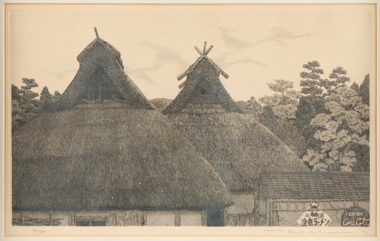 Ryohei Tanaka Thatched Roofs Etching 1973: Ryohei Tanaka (Japanese, 1933-2019). Etching on paper print depicting rural Japanese houses with thatched roofs, 1973. Pencil signed and dated along the lower right; numbered 93/100 along the lower le