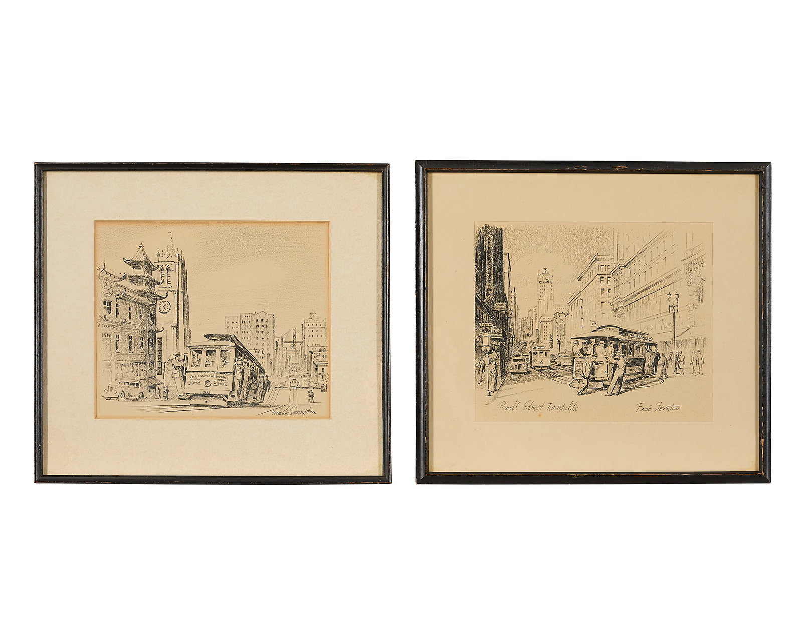 2 Frank Serratoni Architectural Lithographs: Frank Serratoni (American, 1908-1970). Group of two lithograph prints on paper. Including one titled "Powell Street Turntable" and a second untitled work depicting a San Francisco streetcar. Each penc