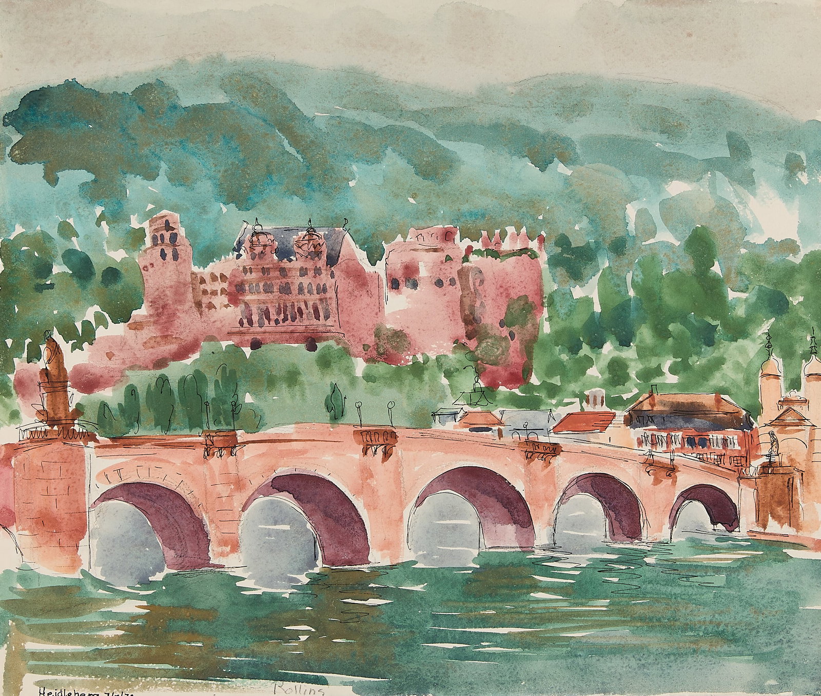 Jo Lutz Rollins "Heidelberg" Watercolor: Josephine Lutz Rollins (American, 1896-1989). Watercolor on paper landscape painting titled "Heidelberg," 1973. Depicting the Heidelberg Castle and the Old Bridge in Heidelberg, Germany. Featuring a l