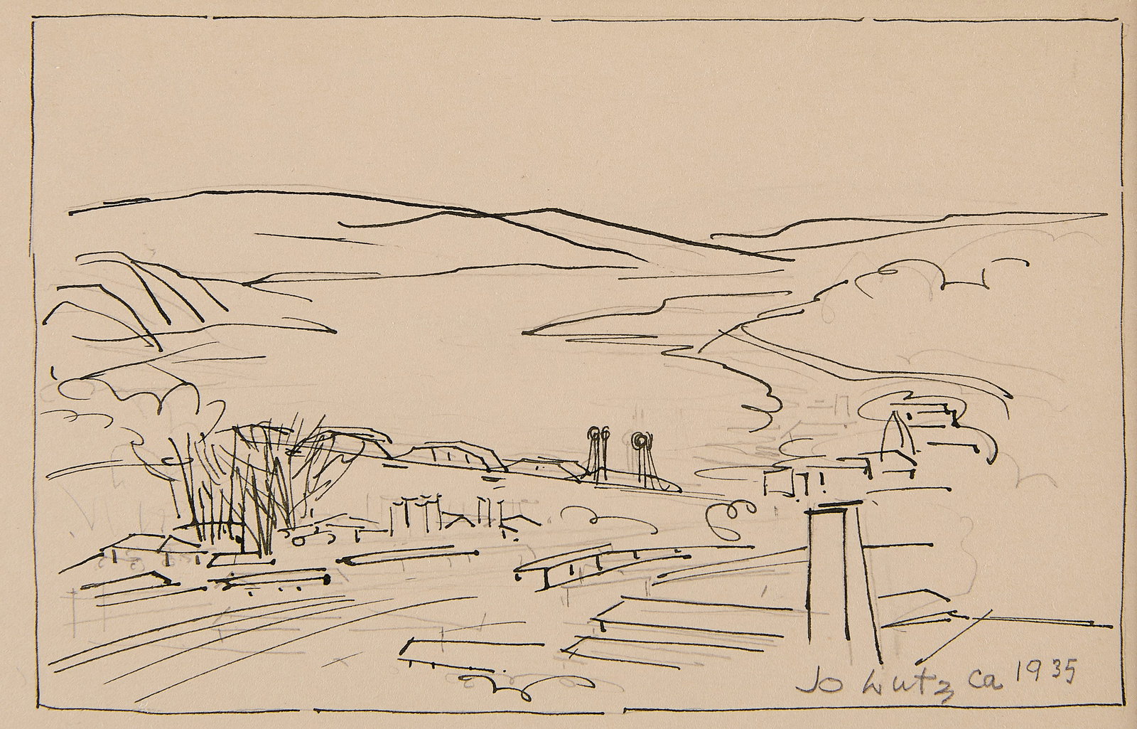 Jo Lutz Rollins Ink & Graphite Landscape Sketch: Jo Lutz Rollins (American, 1896-1989). Ink and graphite on paper landscape drawing, circa 1935. Depicting a wide river with a bridge leading into an urban town. Pencil signed and dated along the upper
