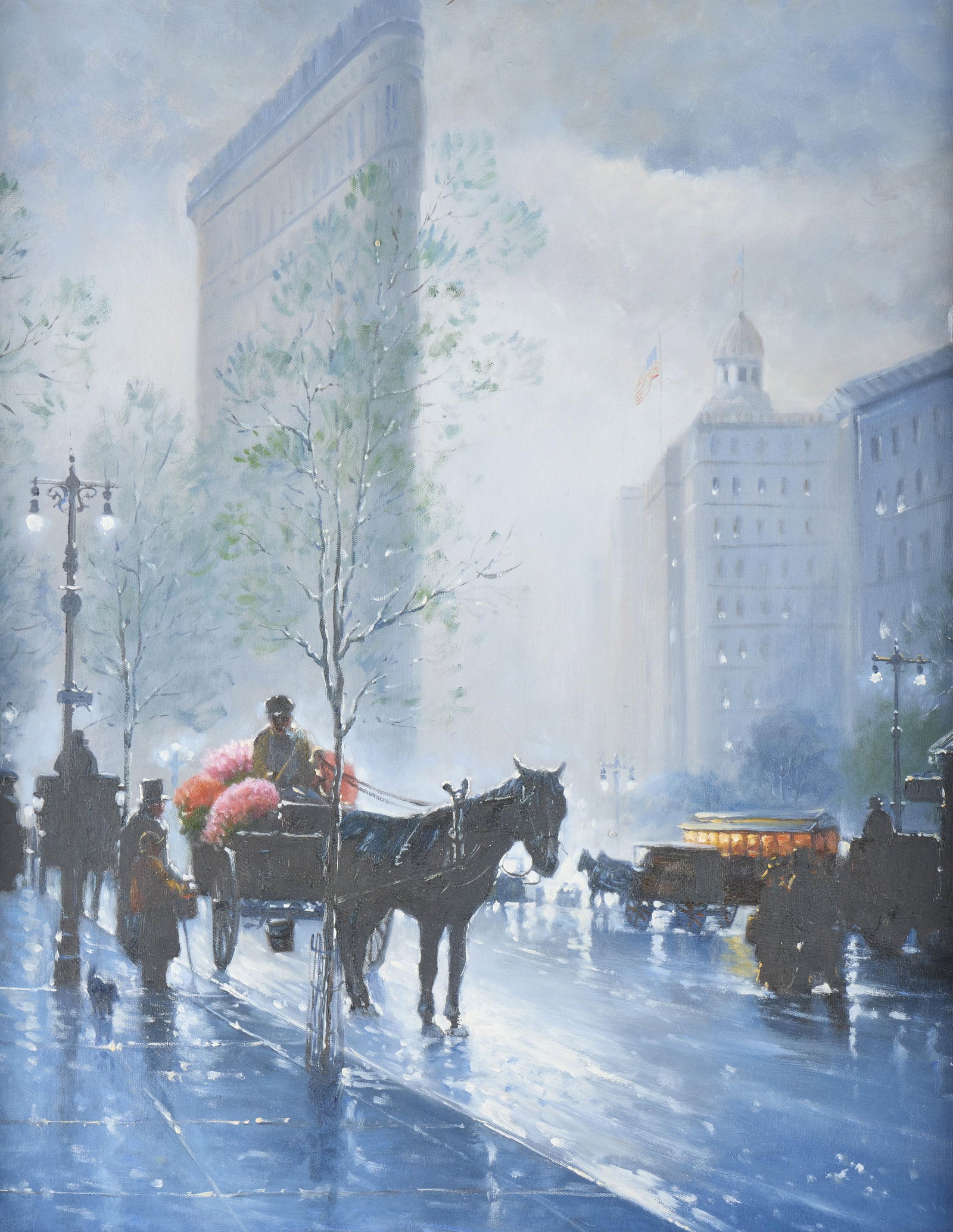 Style G. Harvey "Springtime in New York" Painting: Style of George Harvey (British, 1806-1876). Oil on canvas painting titled "Springtime in NY," depicting a rainy street scene in Manhattan, New York City. Titled and inscribed "gha 33" along the verso