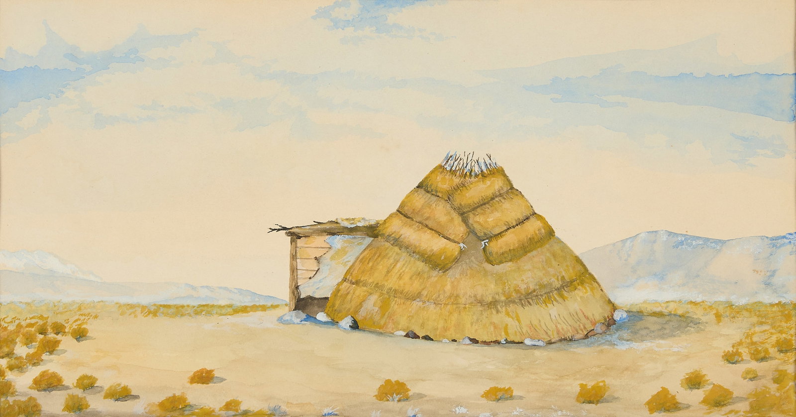 Gilbert Natches Desert Landscape Watercolor: Gilbert Natches (Pyramid Lake Paiute, 1887-1942). Watercolor painting depicting a rounded thatched-roof dwelling along a mountainous, desert landscape. Signed and inscribed "Nixon, Ver. Paiute Indian"
