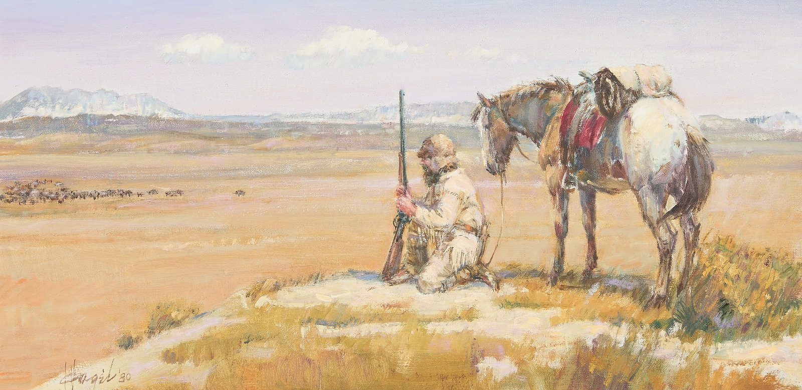 Frank Hagel American West Oil Painting 1980: Frank Hagel (American, 1933-2024). Oil on canvas painting depicting a Western landscape scene in which a hunter kneels atop a rocky outcrop watching a herd of animals below, 1980. Signed and dated alo