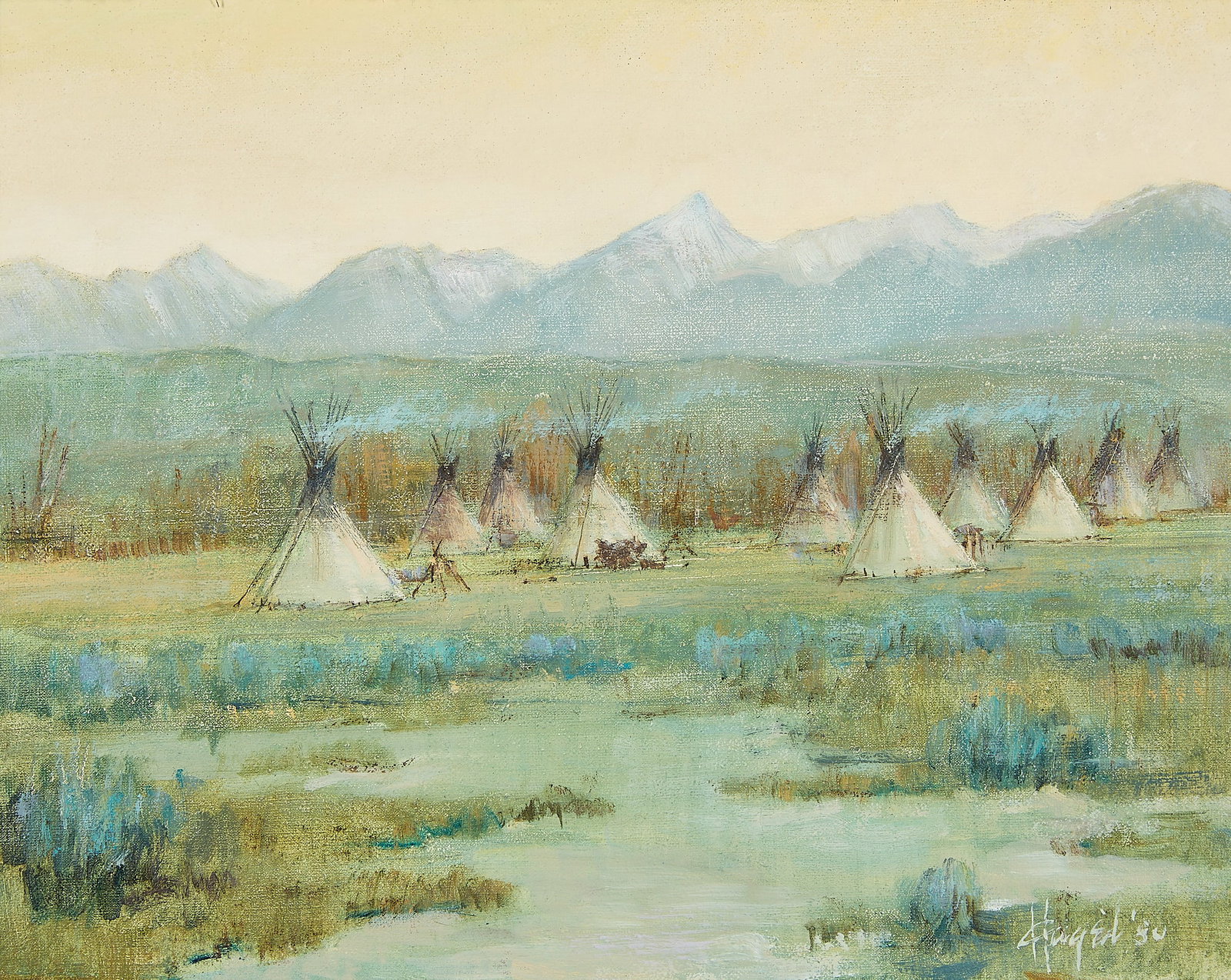 Frank Hagel "Salmon River Camp" Oil Painting: Frank Hagel (American, 1933-2024). Oil on canvas painting titled "Salmon River Camp," 1980. Depicting a vast mountainous landscape with an encampment along the coast of a riverbed. Signed and dated al