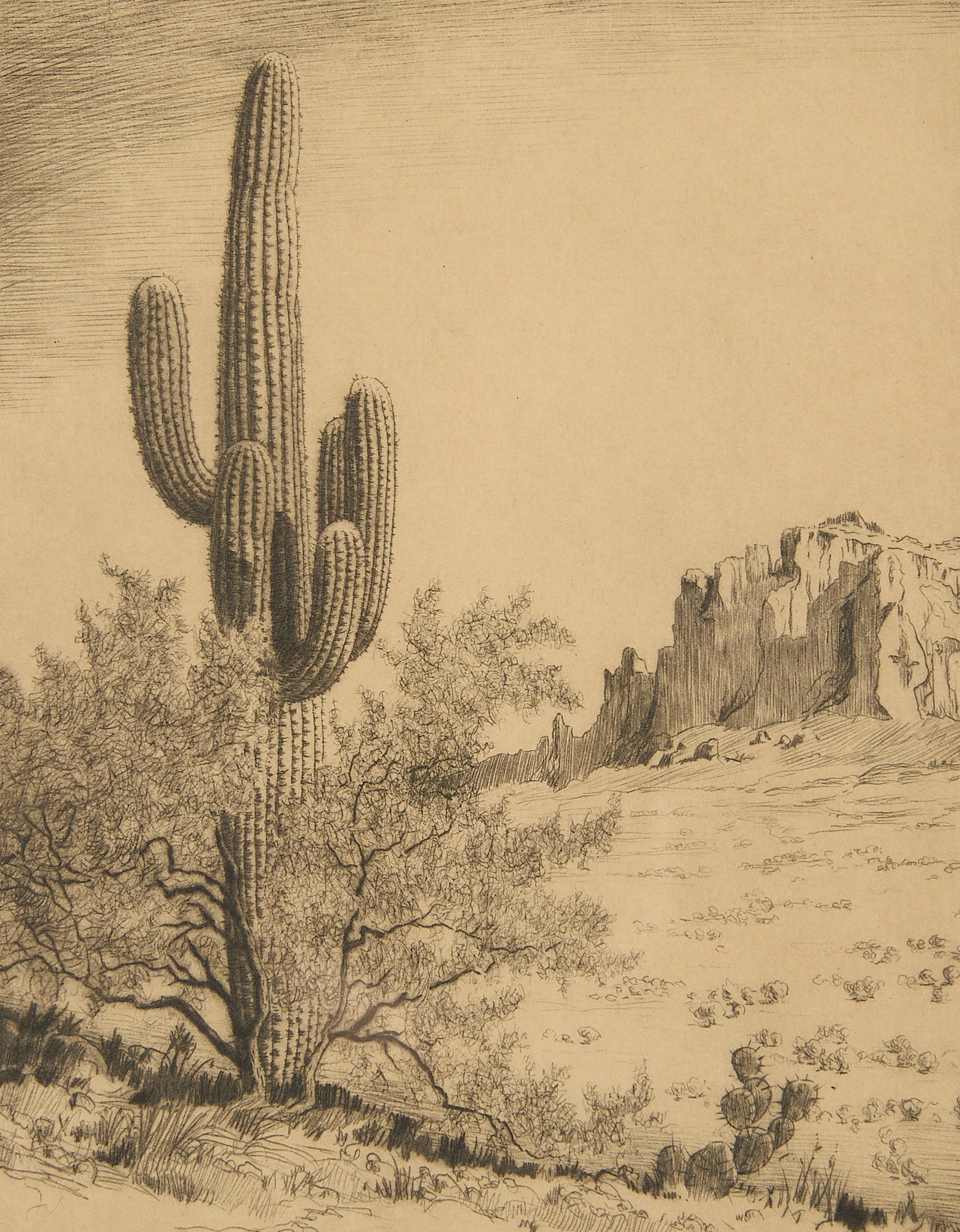 Lyman Byxbe "Saguaro" Desert Landscape Etching: Lyman Byxbe (American, 1886-1980). Etching on paper titled "Saguaro," depicting a lone saguaro cactus in a desert landscape scene. Pencil signed and titled along the lower margin. Sight; height: 7 3/4
