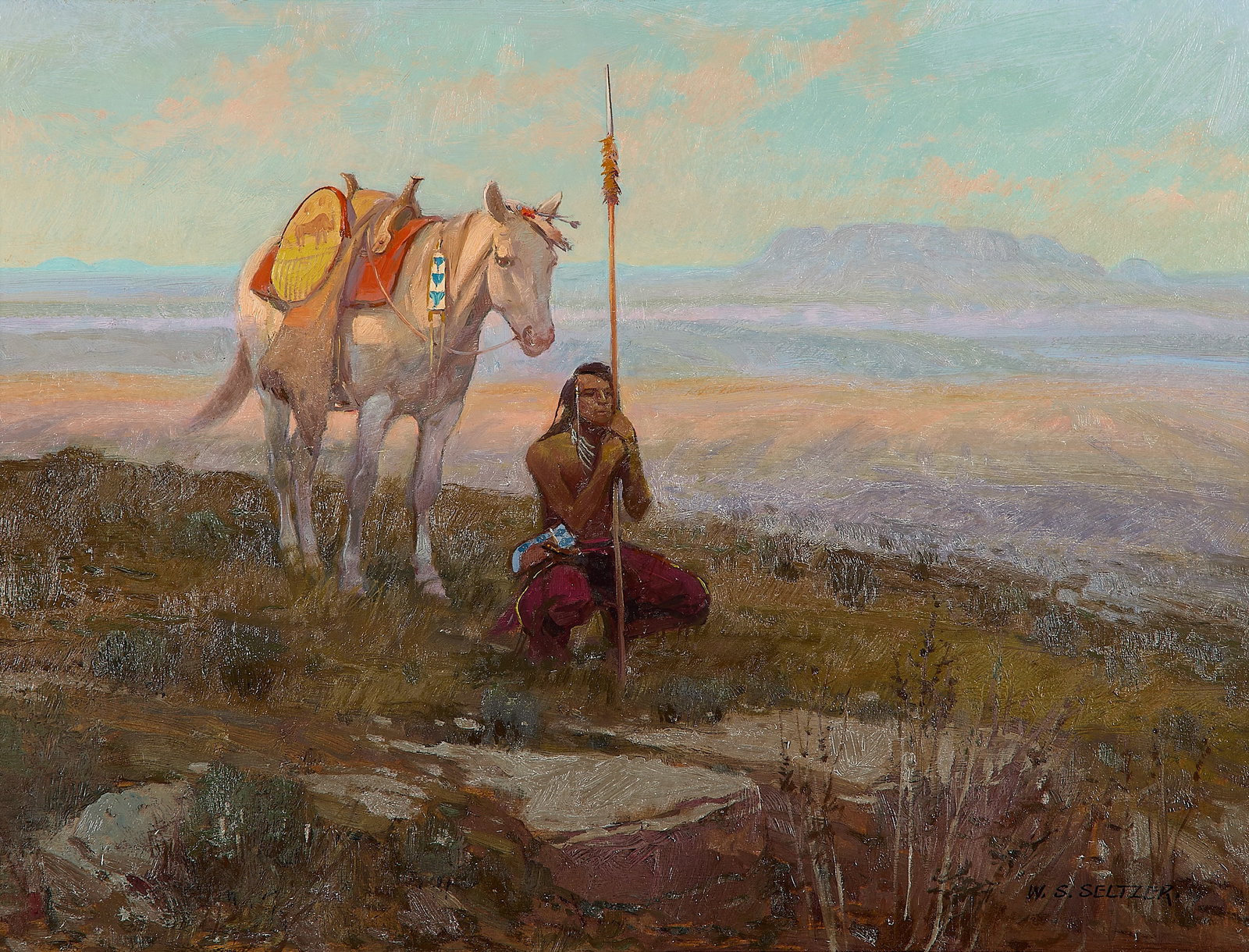W. Steve Seltzer "His Land" Western Oil Painting: W. Steve Seltzer (American, b. 1955). Oil on masonite painting titled "His Land," depicting a crouching figure beside a white horse atop a rocky outcrop. Mountainous terrain illuminated by the rising 