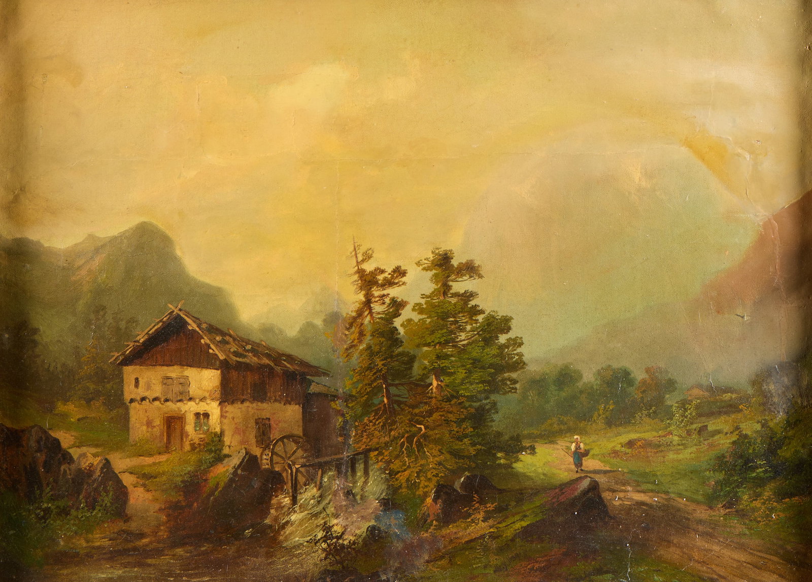 Style of Camille Corot Landscape Oil Painting: Style of Jean-Baptiste-Camille Corot (French, 1796-1875). Oil on canvas painting depicting a rural home beside a water mill in a mountainous landscape scene. Sight; height: 15 3/4 in x width: 22 1/4 i