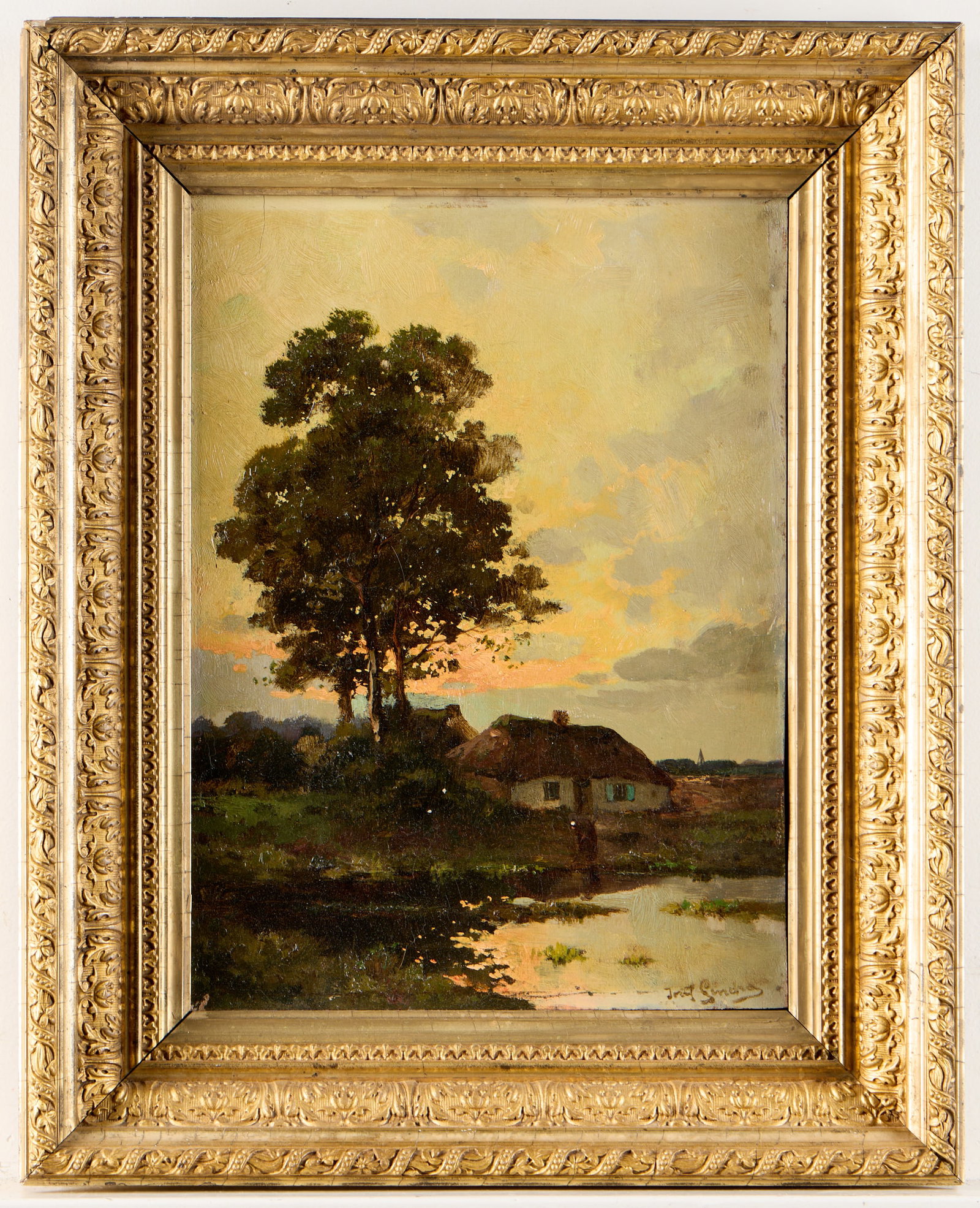 Signed Landscape Oil Painting: Oil on board painting depicting a small cottage beside a pond, the landscape illuminated by the warm glow of the setting sun. Signed illegibly along the lower right corner. Sight; height: 15 1/2 in x 