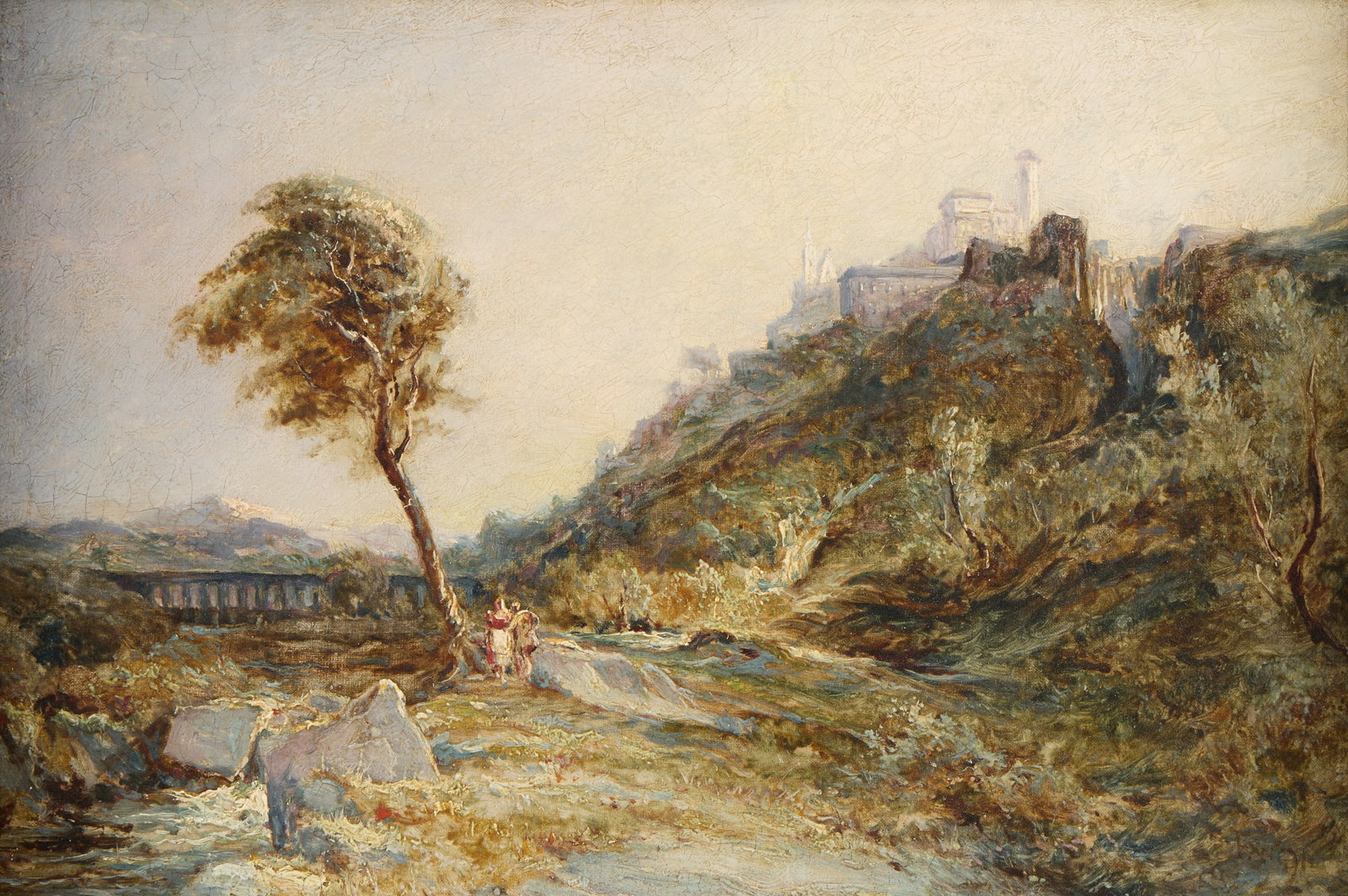 After George Barret Jr. Landscape Oil Painting: After George Barret Jr. (English, 1767-1842). Oil on canvas painting depicting a couple seated beside a swaying tree downhill from the town square in a lush landscape scene. Initialed "F.W." and numbe
