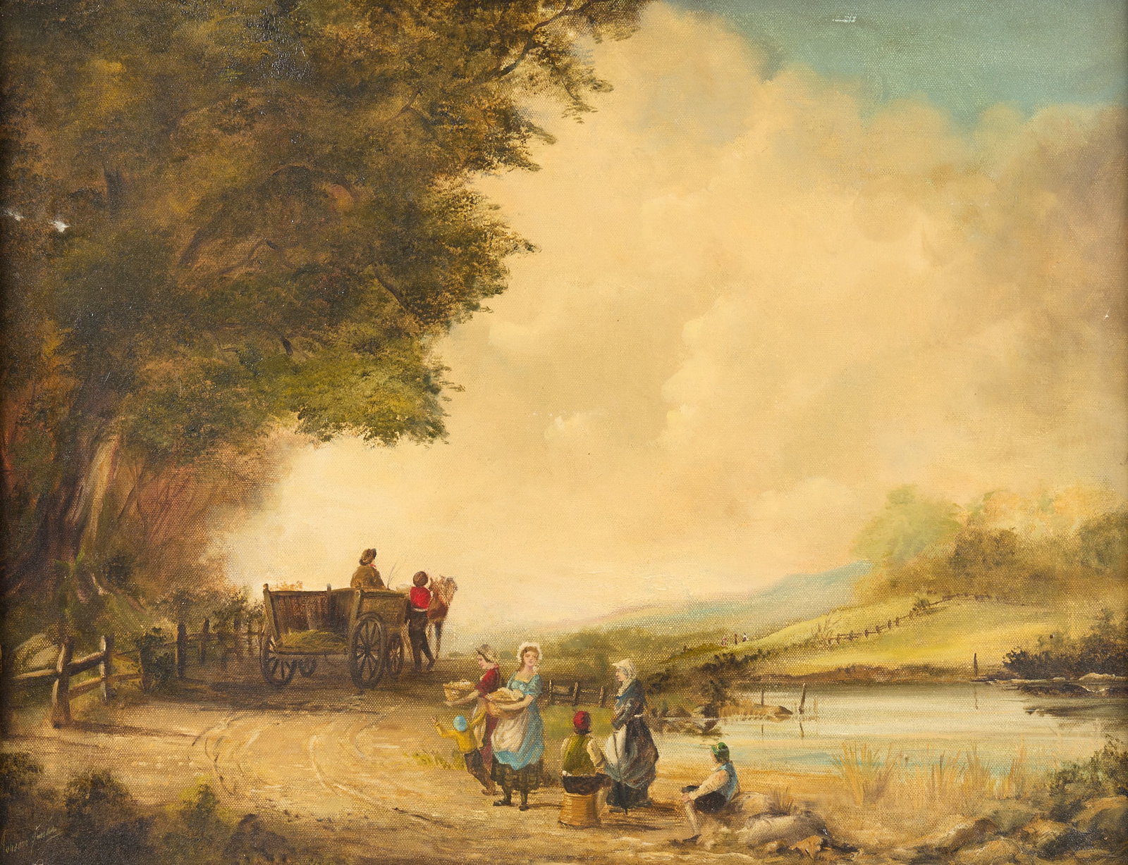Signed Johanne Rural Landscape Oil Painting: Oil on canvas painting depicting a family traveling along a dirt road beside a tranquil river in a rural landscape scene. Signed indistinctly along the lower left; the artist's first name appears to b