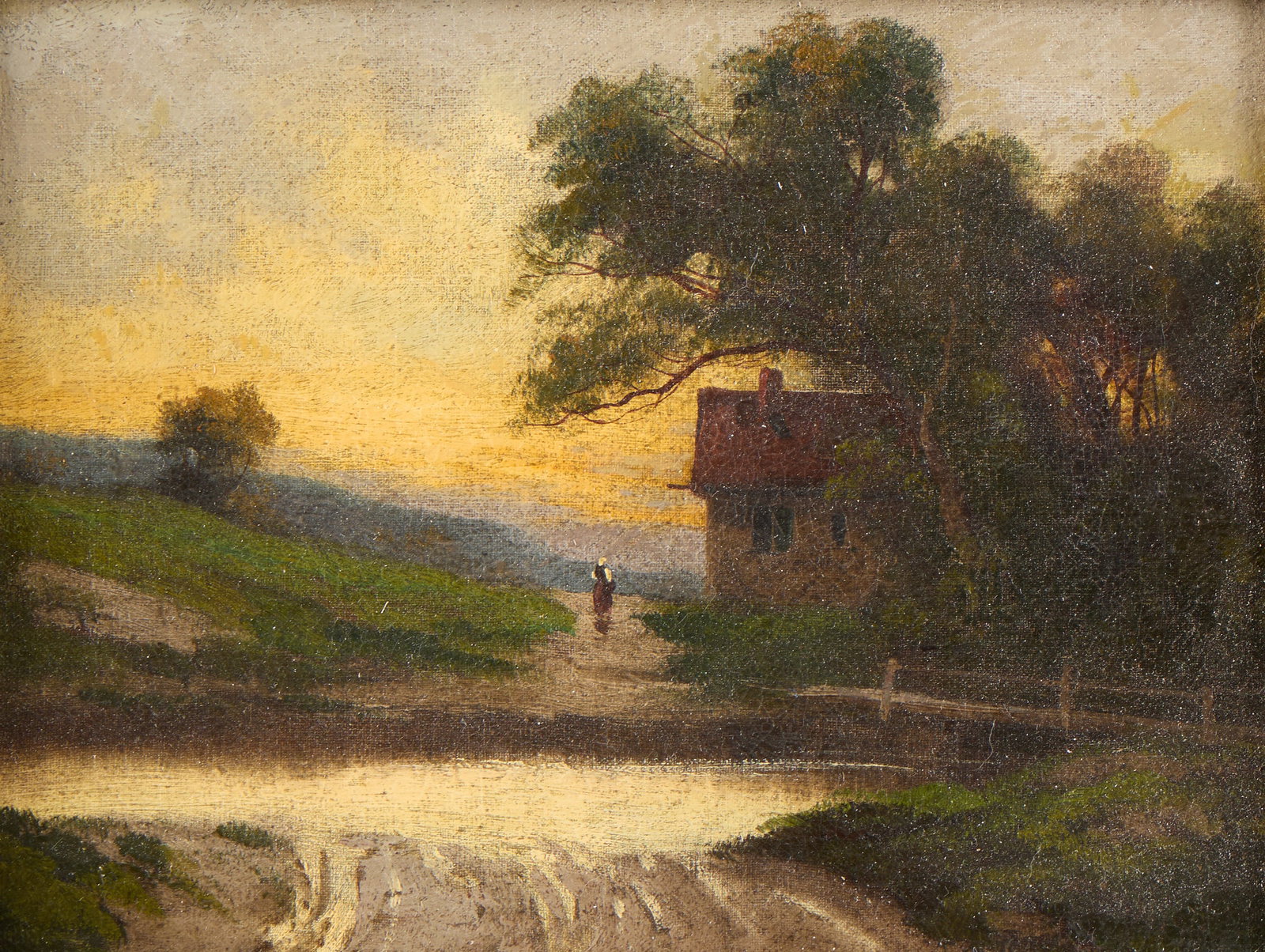 Barbizon School Landscape Oil Painting: Barbizon School oil on canvas painting depicting a figure standing beside a small cottage and pond in a rural landscape scene illuminated by the setting sun. Unframed; height: 9 1/4 in x width: 12 1/4