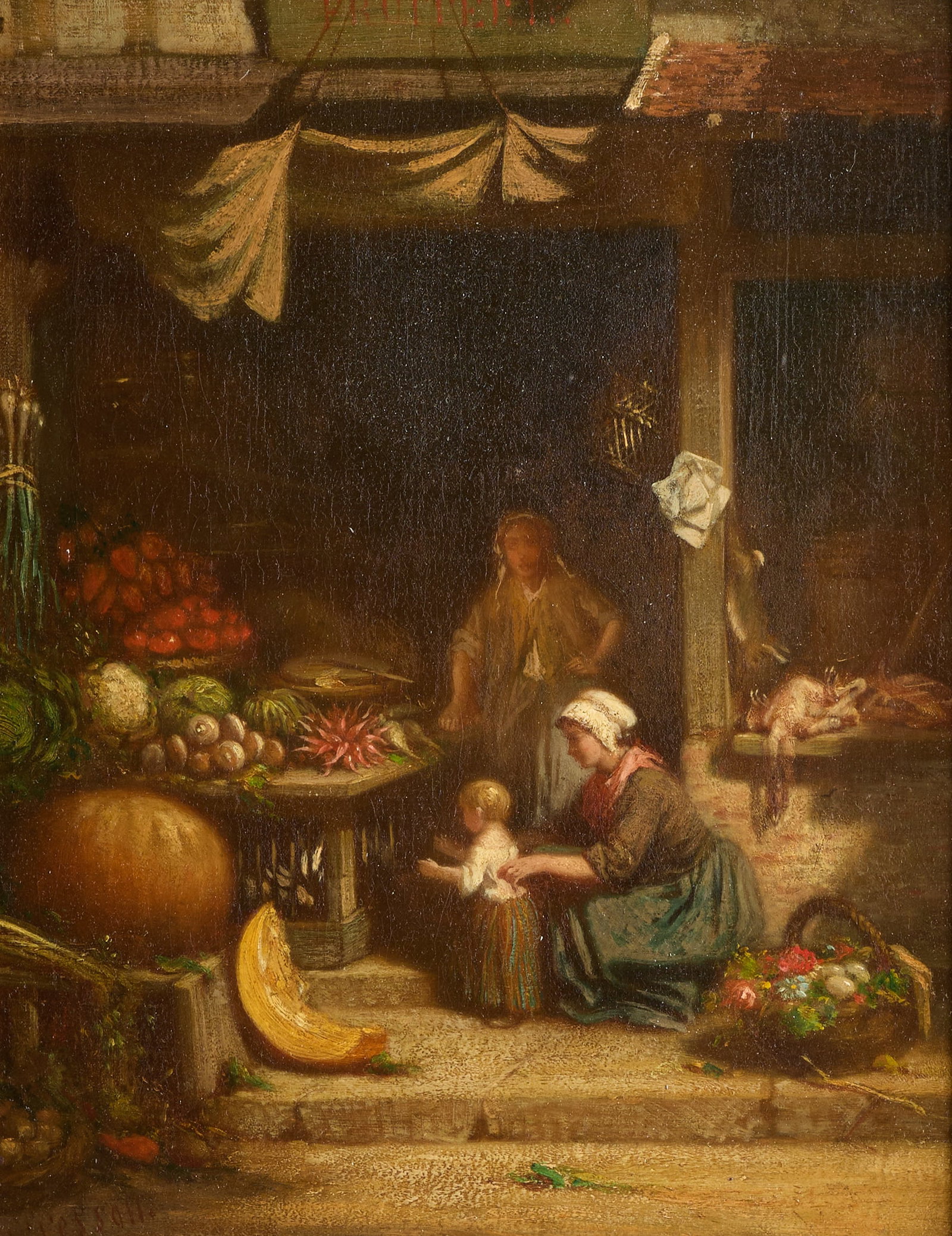 Louis Tesson Genre Market Stall Oil Painting: Louis Tesson (French, 1820-1870). Oil on canvas genre painting depicting a produce stall at a market. Signed along the lower left. With a faded inkstamp along the verso of the canvas. Unframed; height