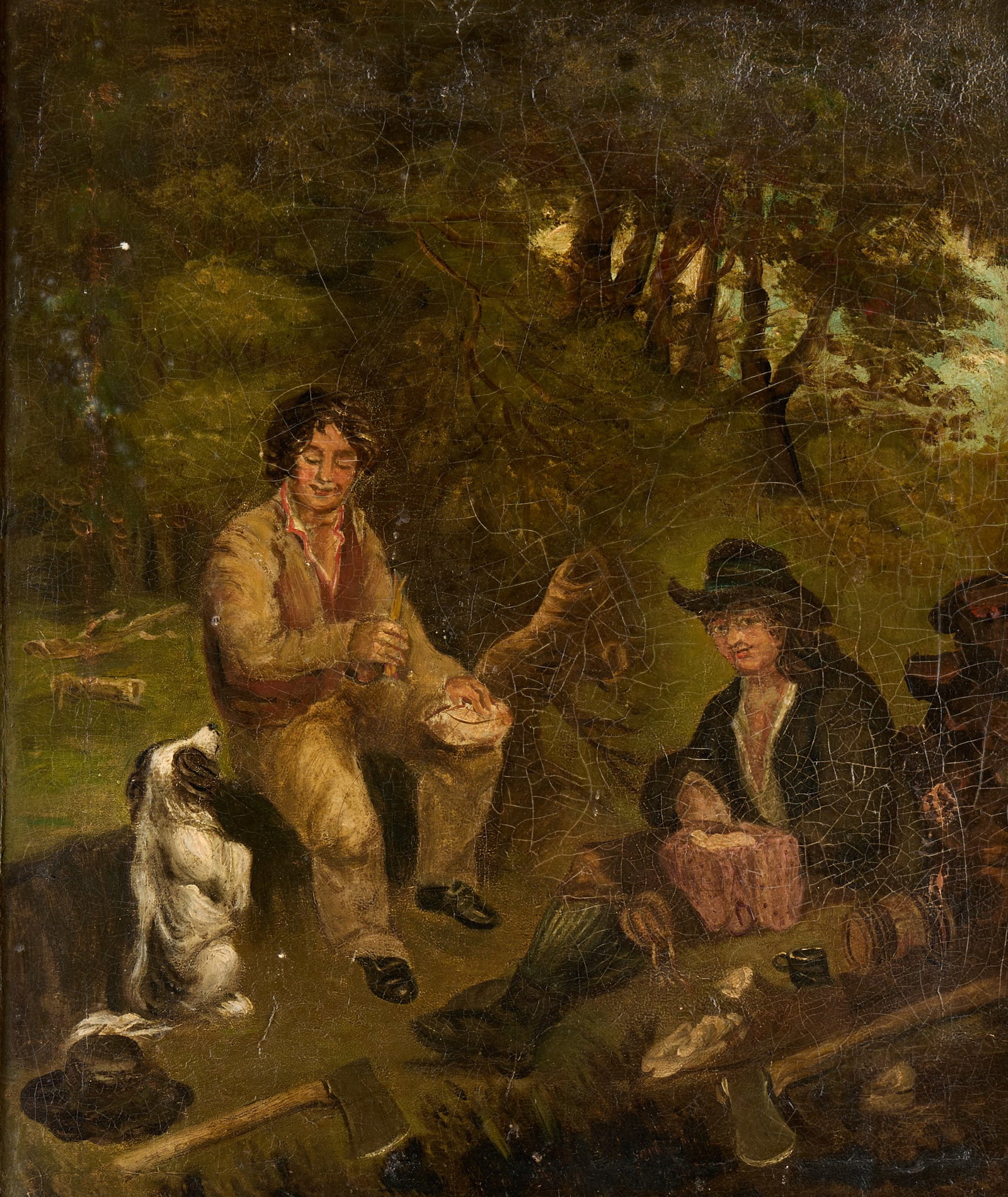 After George Morland Figural Oil Painting: After George Morland (English, 1763-1804). Oil on board painting depicting two figures seated beside a speckled dog performing tricks for scraps of food in a forested area. After Morland's work titled