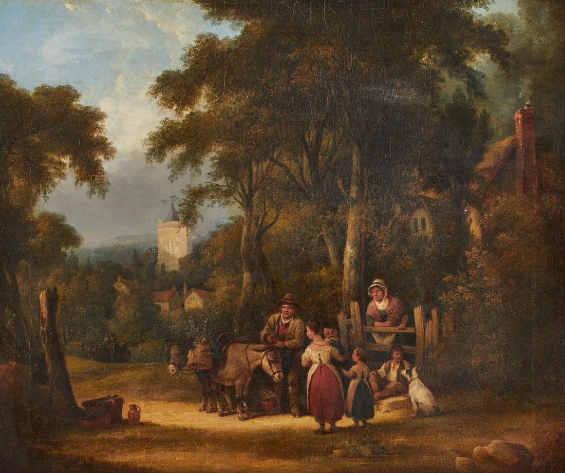 William Shayer Sr. Traveling Family Oil Painting: William Joseph Shayer Sr. (British, 1787-1879). Oil on canvas genre painting depicting a family traveling through a romantic landscape in an exterior scene. Signed along the lower right. Unframed; hei