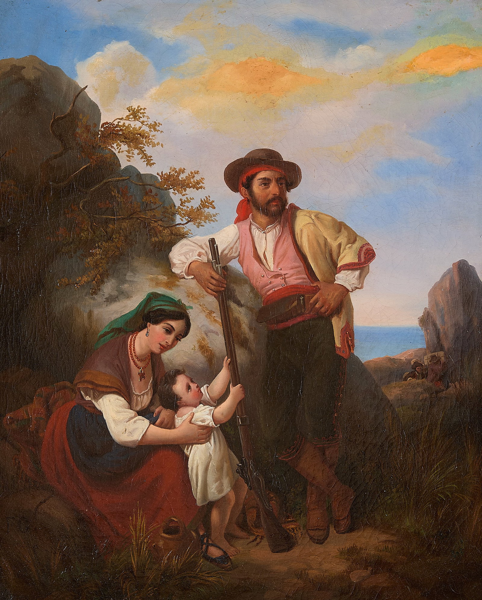 Aft. Francois Grenier Family Portrait Oil Painting: After Francois Grenier de Saint Martin (French, 1793-1867). Oil on canvas painting depicting a family resting in the southern Italian countryside, 19th century. Initialed "FG" along the lower left qua