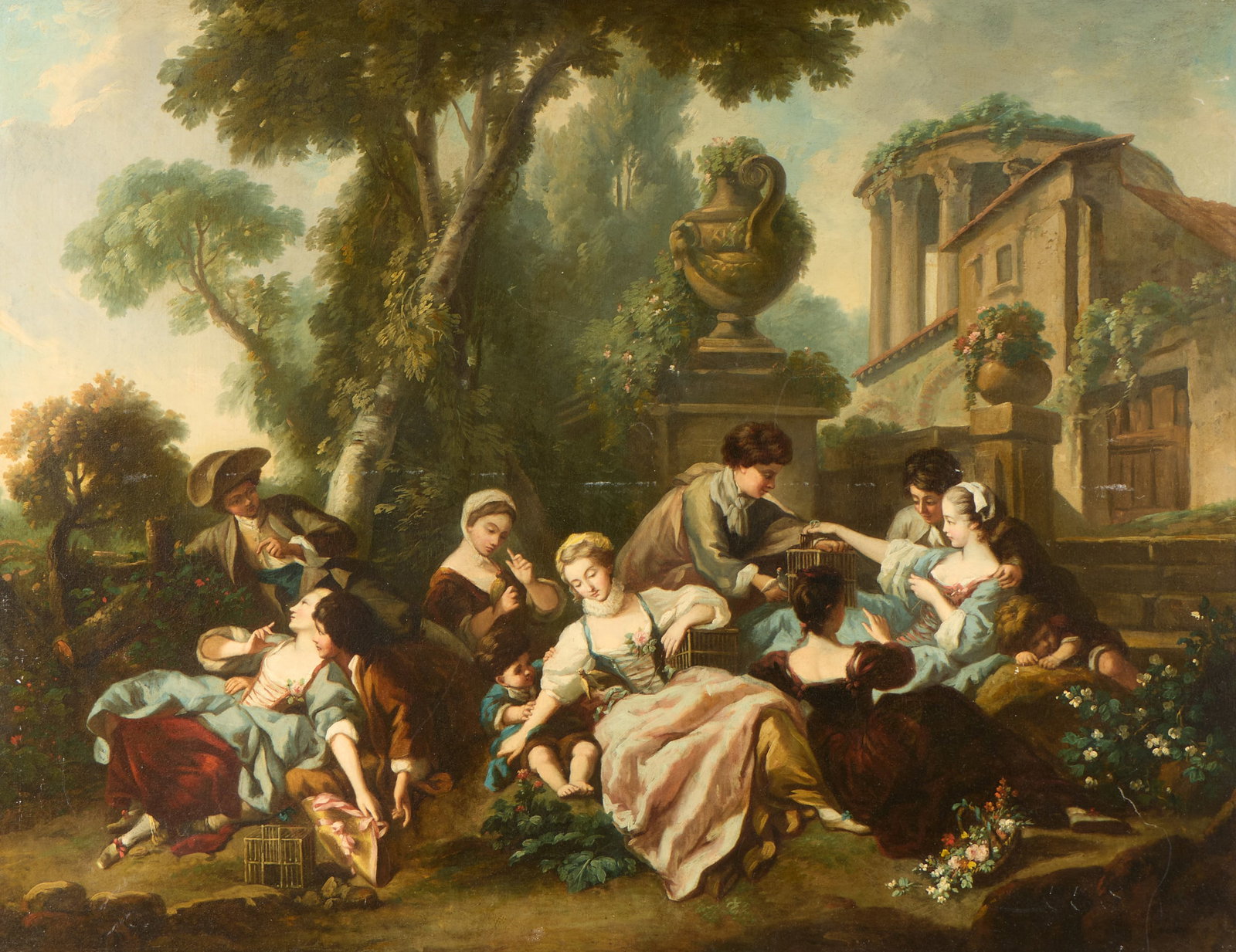 Student of Francois Boucher Birds Oil Painting: Student of Francois Boucher (French, 1703-1770). Oil on canvas painting depicting young aristocrats playing with small birds. After Boucher's painting titled "The Bird Catchers," 1748. Signed "Boucher