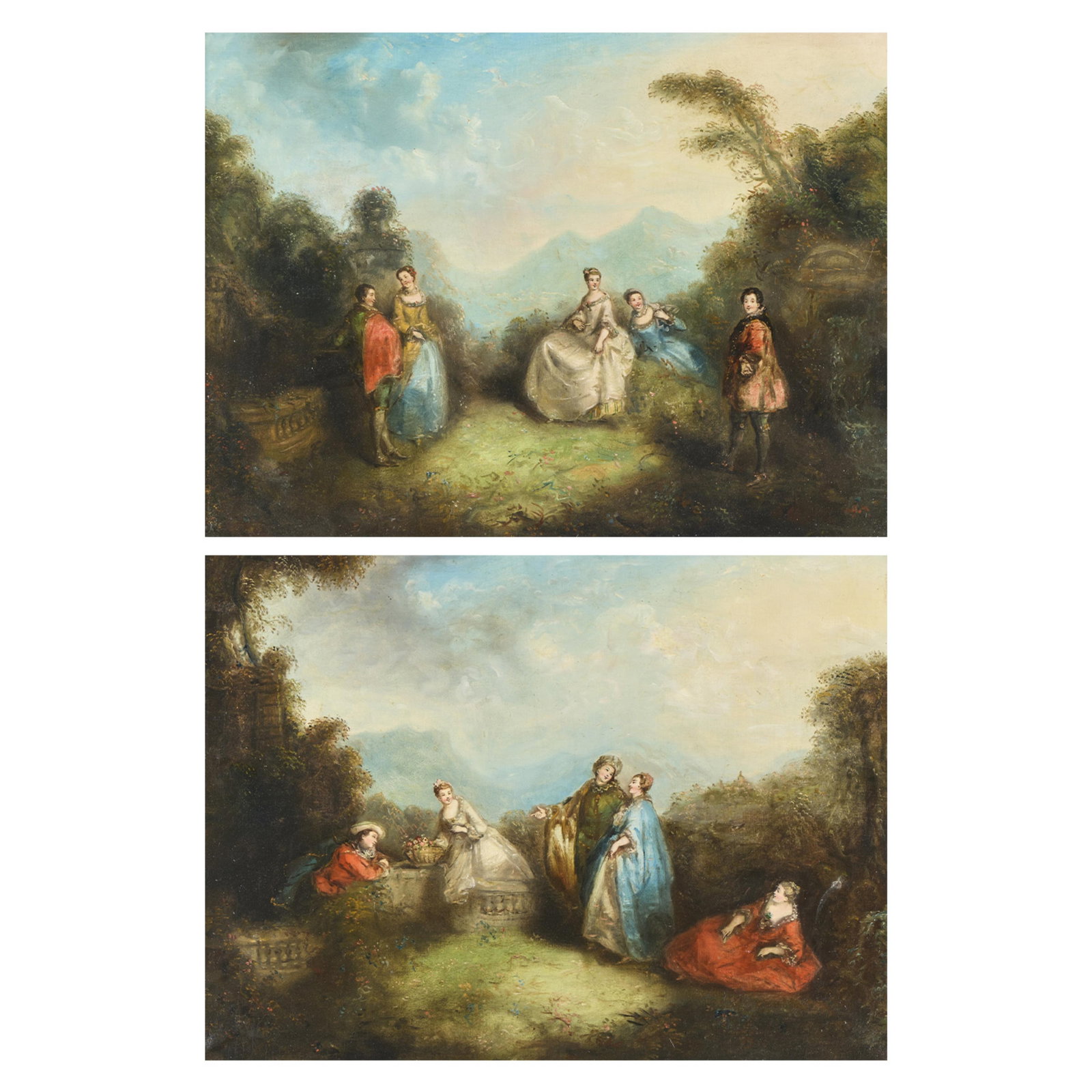 Pair of Rococo Style Oil Paintings: Group of two oil on canvas Rococo style paintings depicting figures in a garden with a serene landscape. (Each) Sight; height: 21 1/4 in x width: 28 1/4 in. Framed; height: 29 1/4 in x width: 26 1/4 i