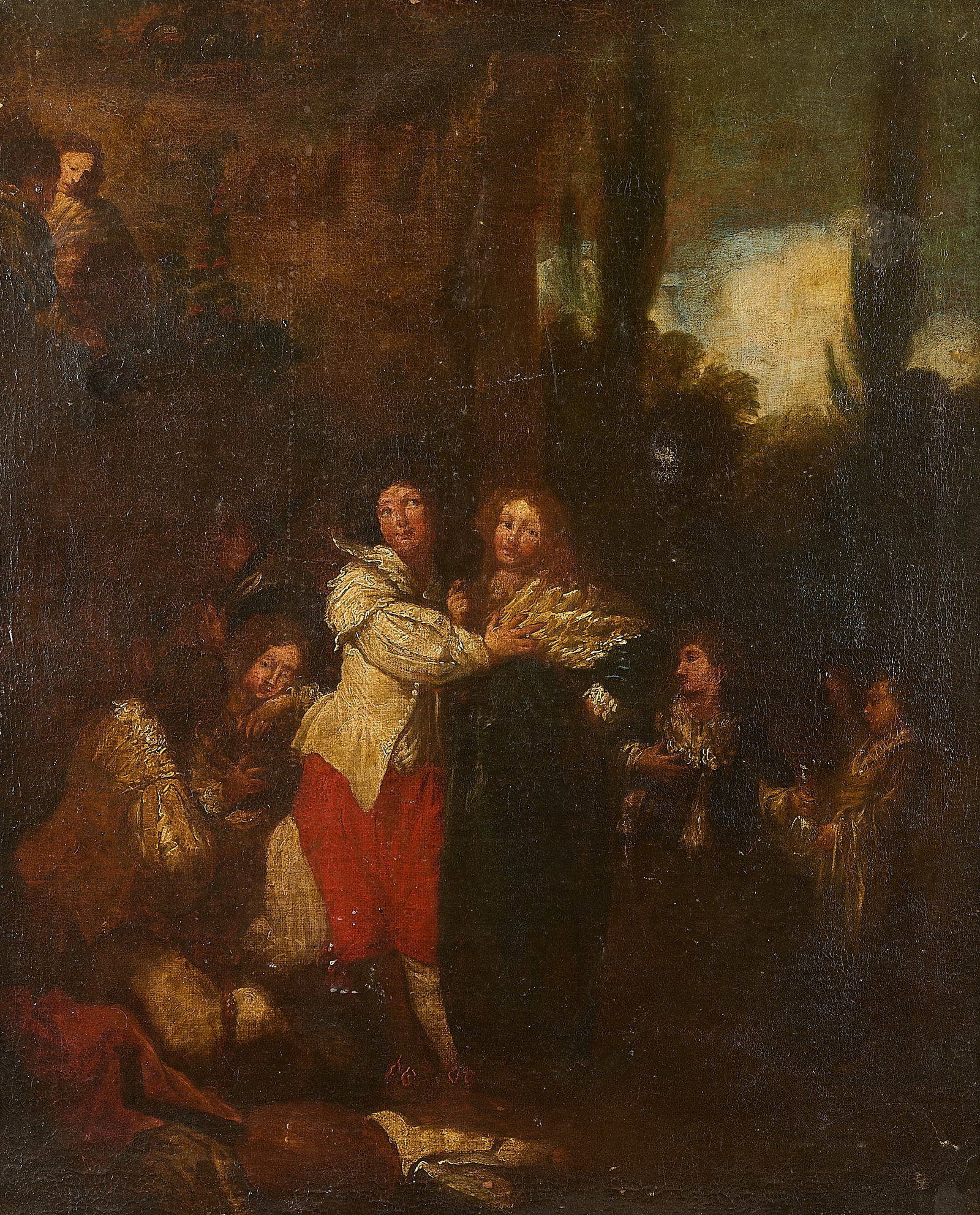 Old Master Figurative Genre Oil Painting: Old Master oil on canvas genre painting depicting figures gathered together in an exterior scene. Unframed; height: 35 in x width: 28 1/2 in. Framed; height: 40 1/2 in x width: 34 in x depth: 1 3/4 in