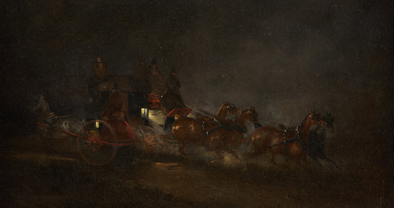 Charles Cooper Henderson Nocturne Oil Painting: Charles Cooper Henderson (British, 1803-1877). Oil on canvas painting depicting a dynamic stagecoach traveling through the night, 19th century. Initialed along the lower left. With a toned William & P