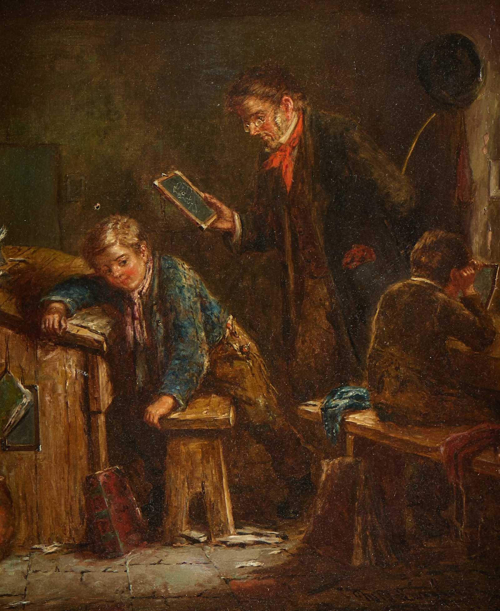 Mark Williams Langlois School Genre Oil Painting: Mark Williams Langlois (British, 1848-1924). Oil on canvas genre painting depicting a classroom scene. Signed along the lower right. Unframed; height: 21 in x width: 17 in. Framed; height: 31 in x wid