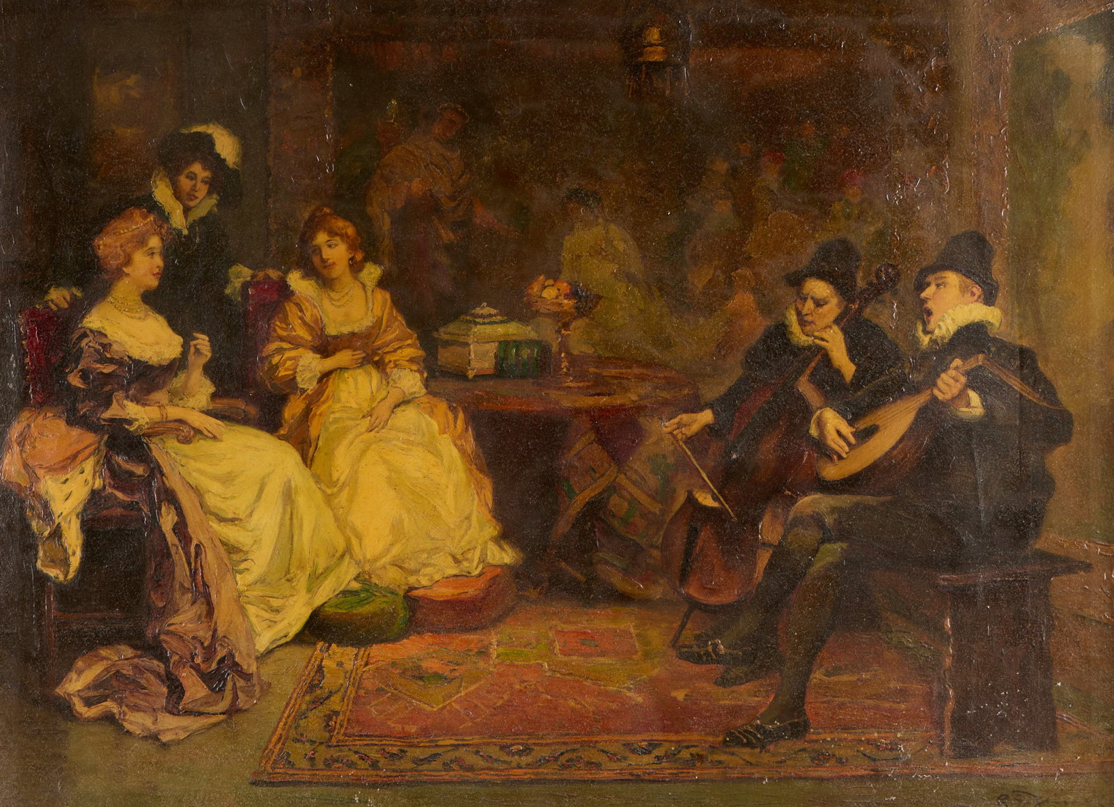 Poss. Rudolf Jelinek Interior Scene Genre Painting: Possibly Rudolf Jelinek (Czech, 1880-1950). Oil on canvas genre painting depicting an interior scene featuring a trio of women being serenaded by two musicians. Signed "R.E. Jelinek" along the lower r