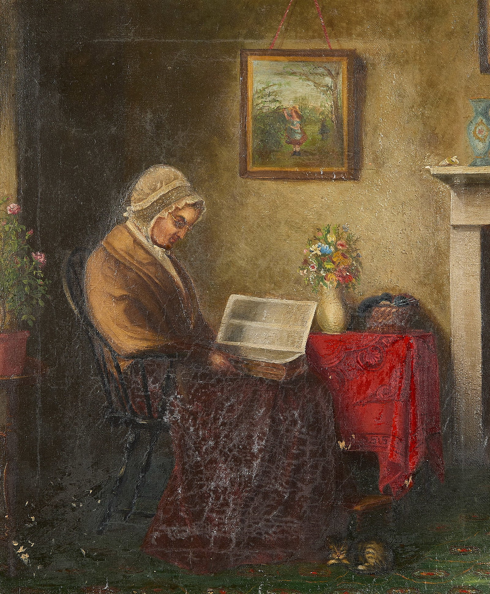 19th c. Woman Reading Genre Oil Painting: Oil on canvas genre painting depicting a seated woman reading a book, 19th century. With a Whitlock & Keenan manufacturer's inkstamp along the verso. Unframed; height: 14 in x width: 12 in. Framed; he
