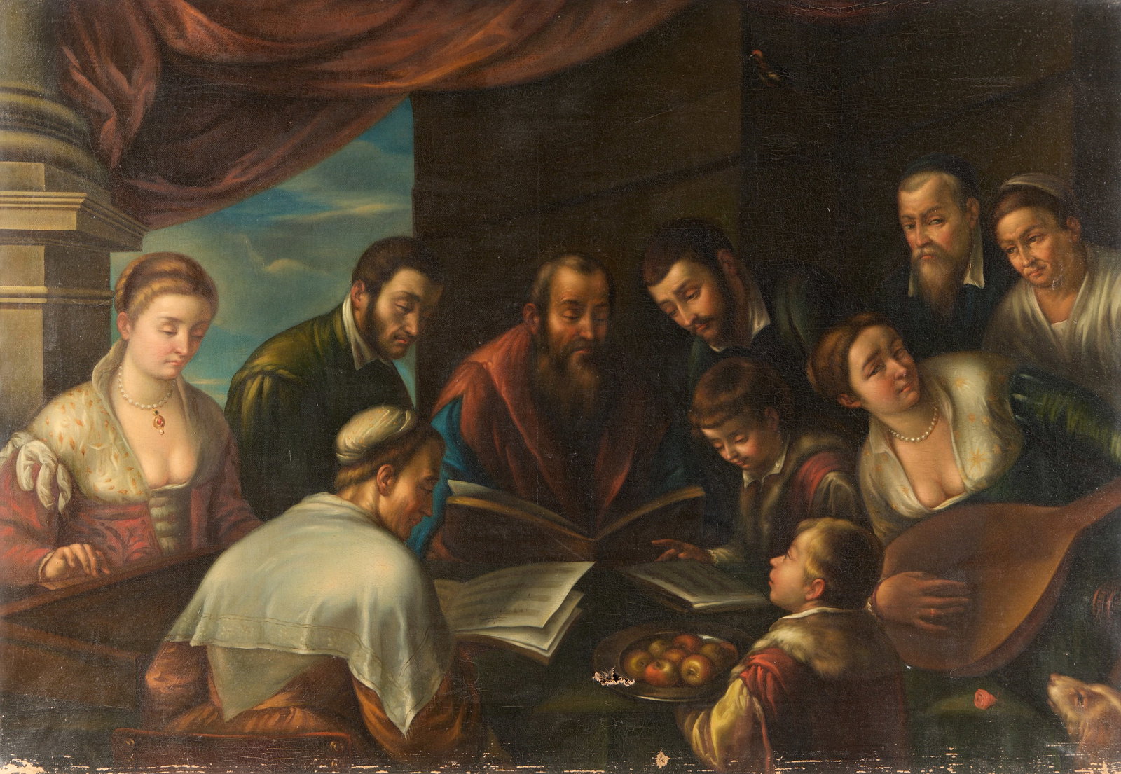 After Leandro Bassano "The Concert" Oil Painting: After Leandro dal Ponte Bassano (Italian, 1557-1622). Old Master oil on canvas painting depicting musicians gathered around a table; after Bassano's work titled "The Concert," ca. 1590. Provenance: Al