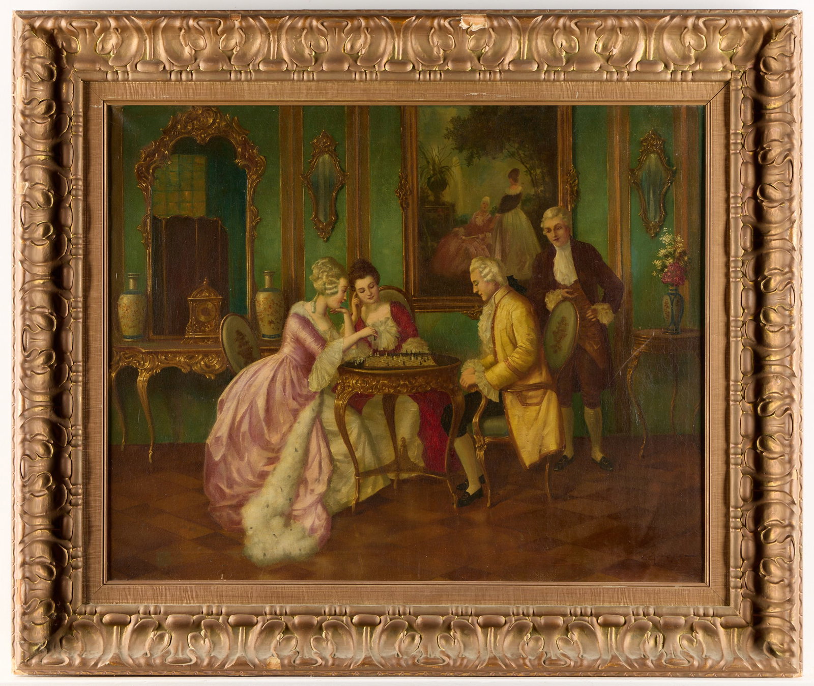 Signed Chess Match Genre Oil Painting: Oil on canvas genre painting depicting aristocratic figures engaged in a match of chess. Signed indistinctly along the lower right; perhaps signed "E. Arneson." Unframed; height: 24 1/4 in x width: 30