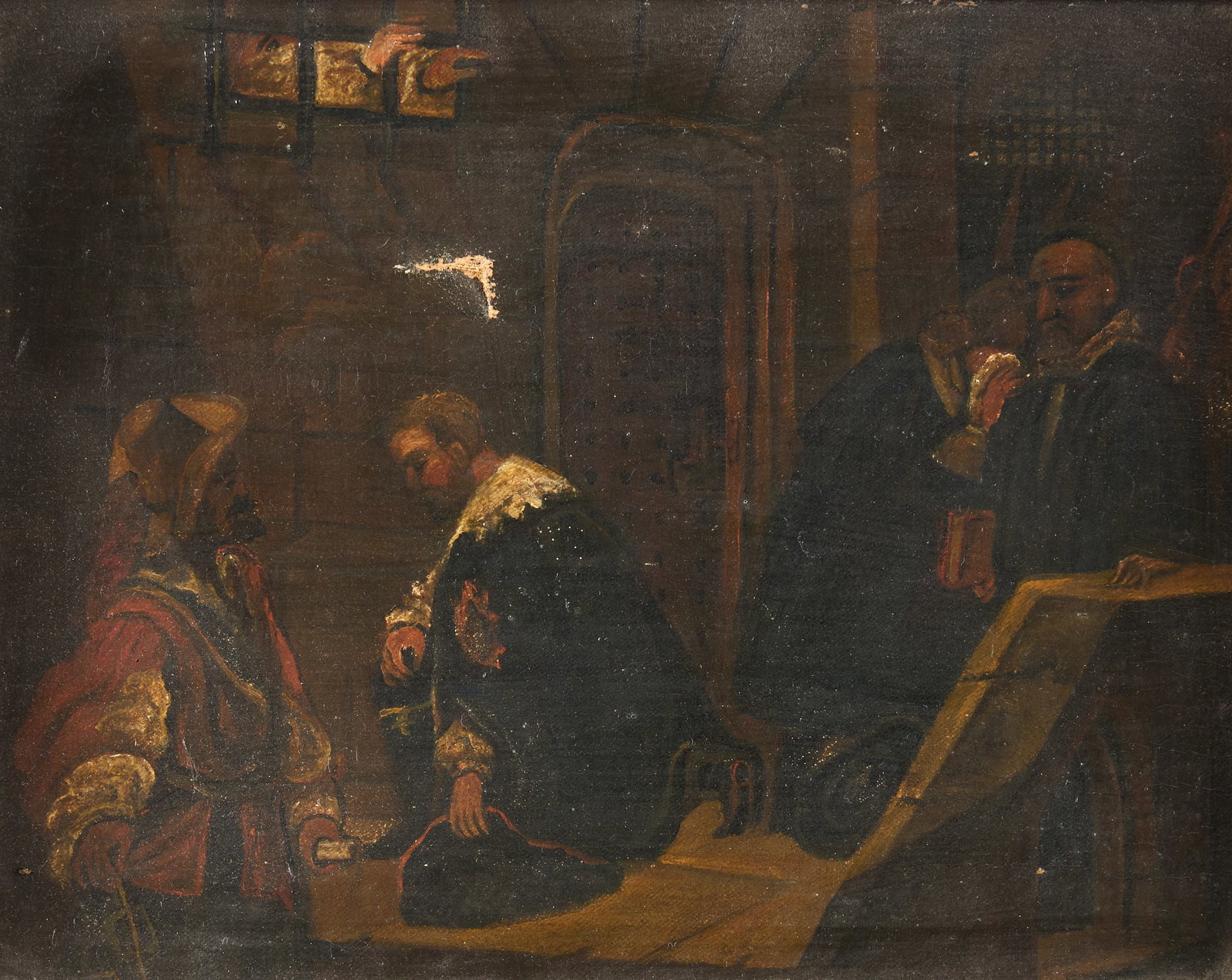 19th c. Continental School Figural Oil Painting: Continental School oil on canvas painting depicting a figural scene, 19th century. Unframed; height: 12 1/4 in x width: 15 1/4 in. Framed; height: 17 1/2 in x width: 20 1/2 in x depth: 2 3/4 in.
