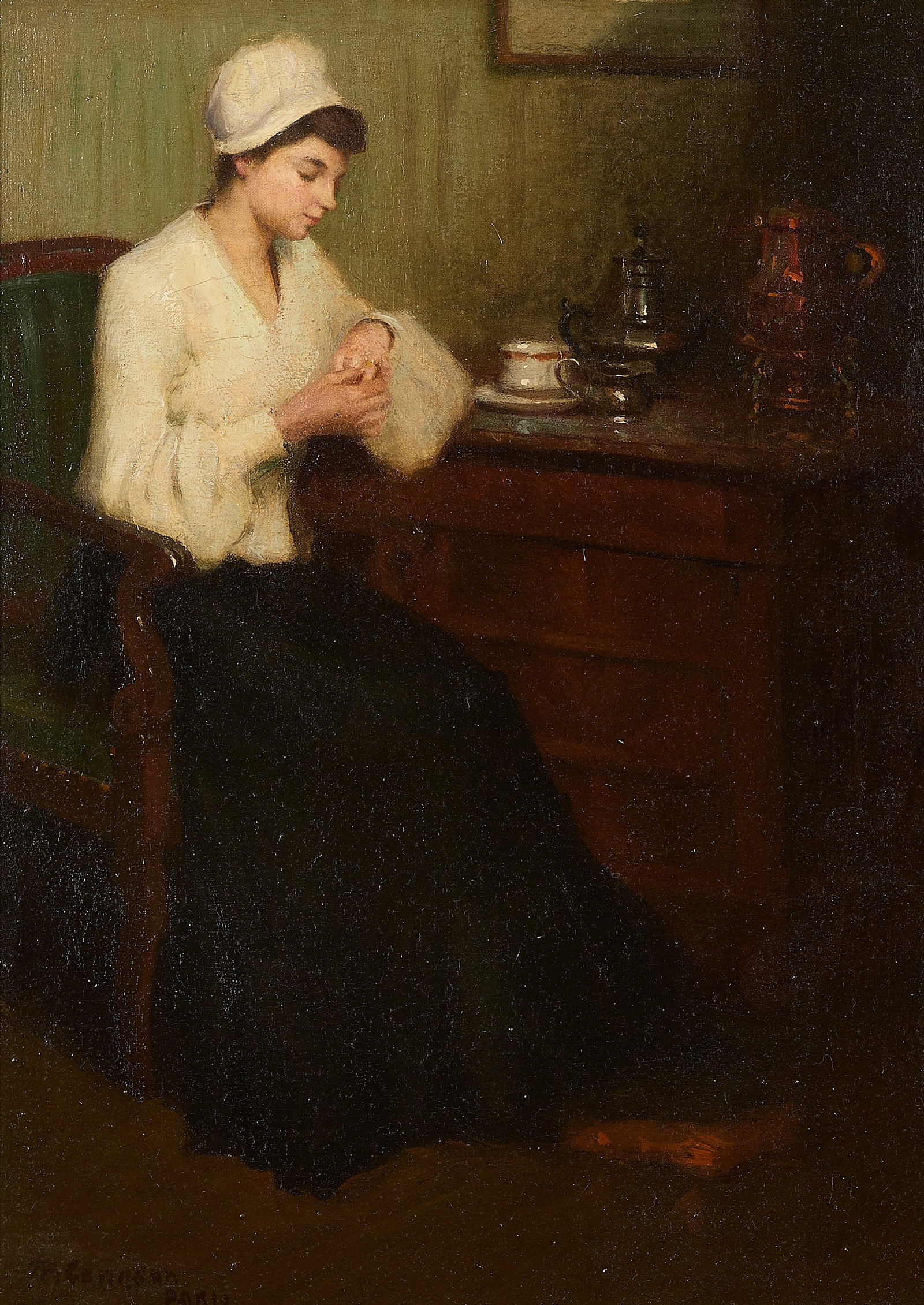 French Genre Seated Woman Painting - Signed: French oil on canvas genre painting depicting a woman seated beside a chest of drawers. Signed "MCenneon" and inscribed "Paris" along the lower left. Unframed; height: 22 1/4 in x width: 16 1/4 in. Fr
