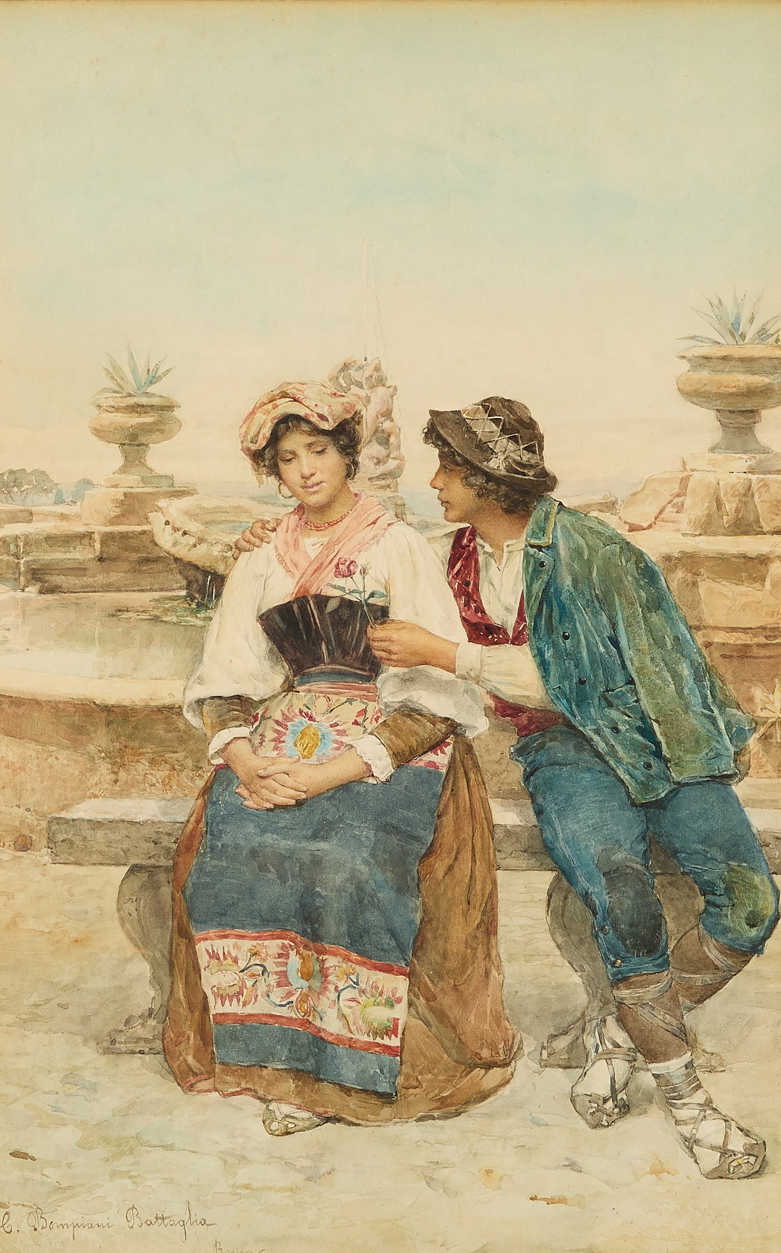 Clelia Bompiani Battaglia Roma Watercolor Painting: Clelia Bompiani-Battaglia (Italian, 1848-1927). Watercolor on paper painting depicting a seated couple. Signed and inscribed "Roma" along the lower left. Sight; height: 21 in x width: 13 3/4 in. Frame