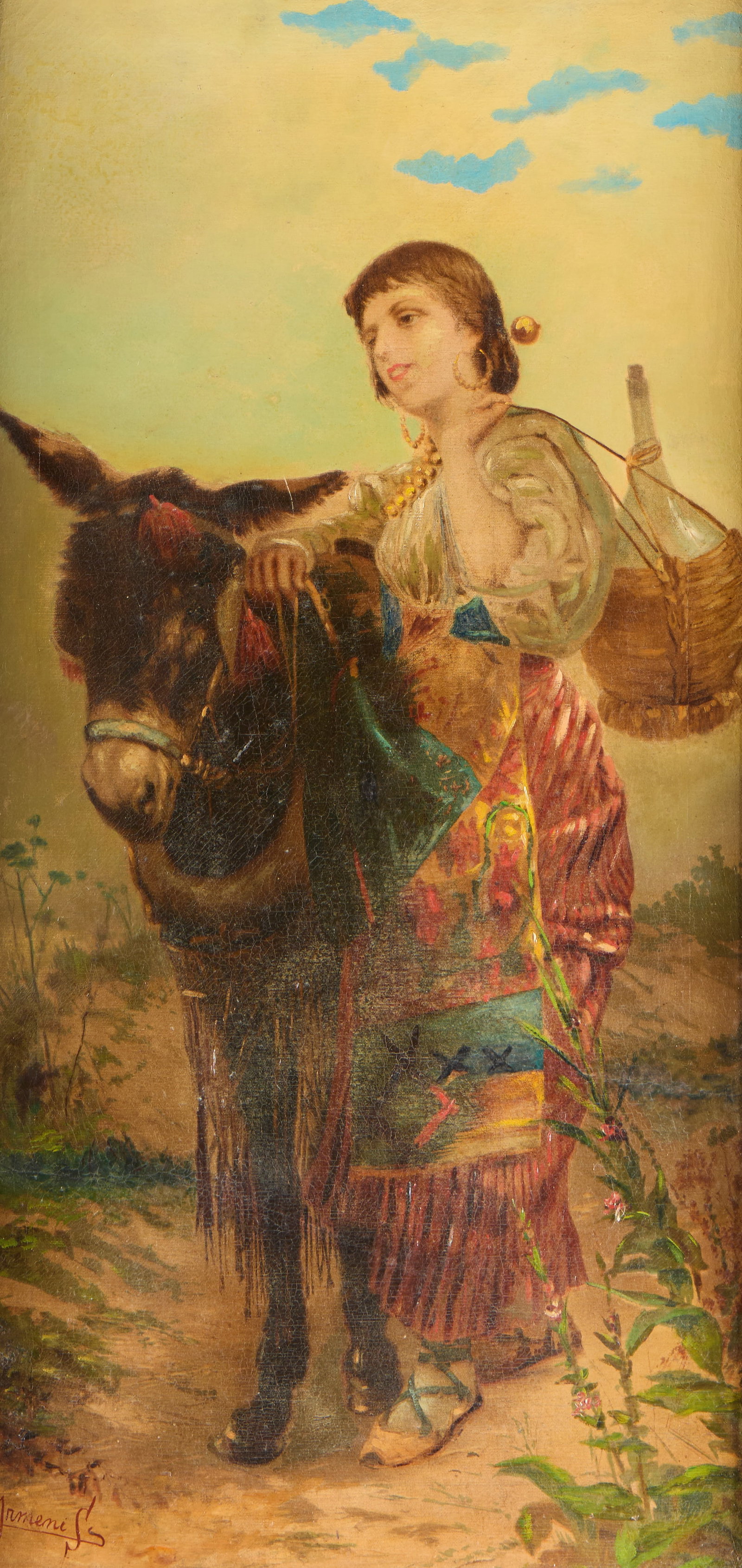 Raffaele Armenise Woman w/ Donkey Oil Painting: Raffaele Armenise (Italian, 1852-1925). Oil on canvas painting depicting a young woman standing beside a donkey. Signed along the lower left. Unframed; height: 34 in x width: 17 1/2 in. Framed; height