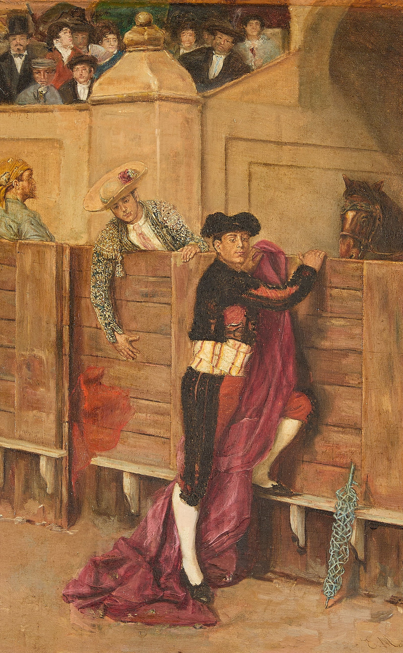 Signed Spanish Bullfighting Oil on Canvas Painting: Oil on canvas painting depicting a Spanish bullfighting scene, late 19th or early 20th century. Featuring a matador standing with his dark red cape draped across his body, flowing onto the ground. Ill