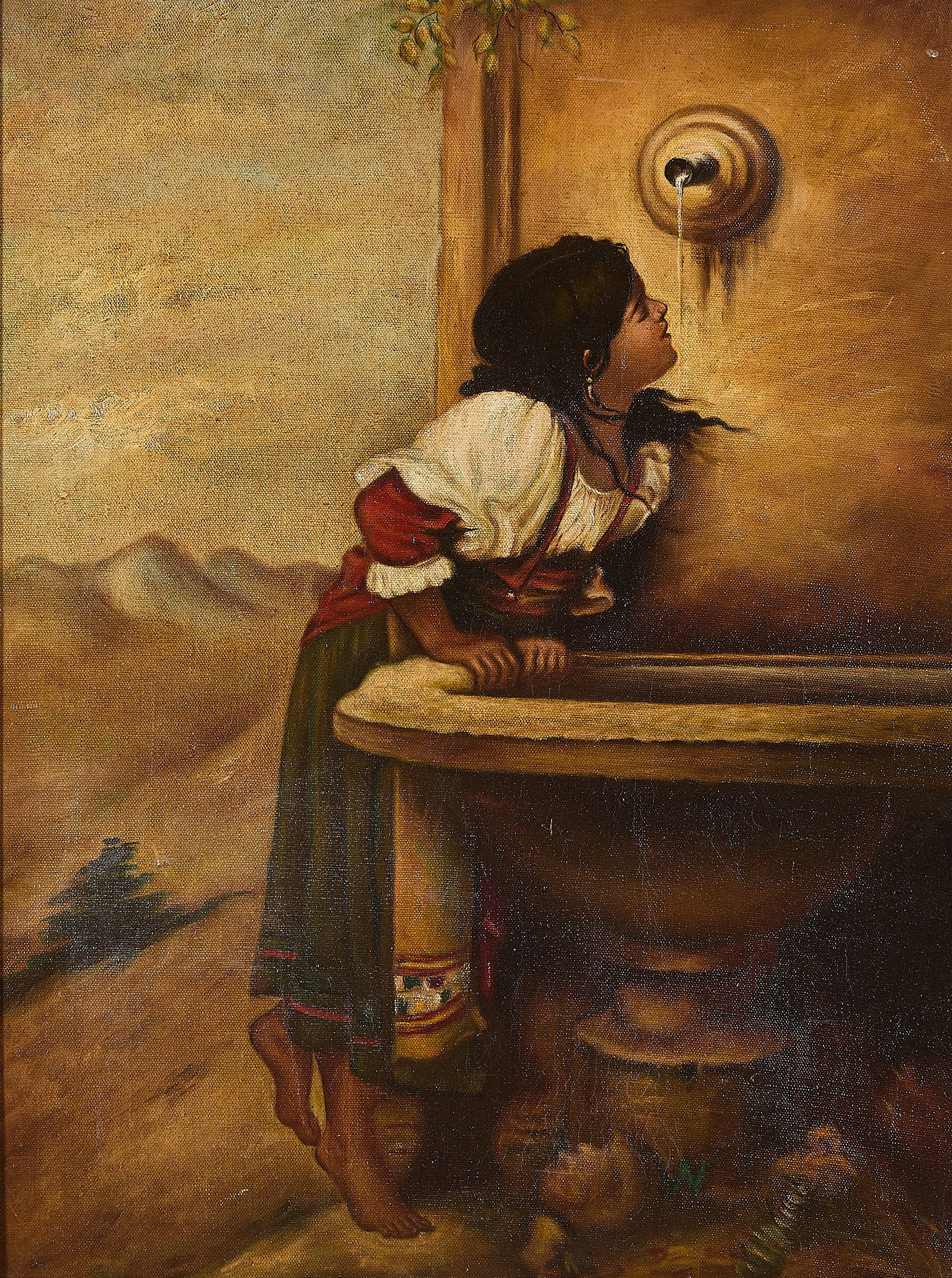 Aft. Leon Bonnat "Roman Girl at Fountain" Painting: After Leon Bonnat (French, 1833-1922). Old Master oil on canvas painting depicting a girl drinking from a water spout. After Bonnat's painting titled "Roman Girl at a Fountain," 1875. Inscribed "W" al