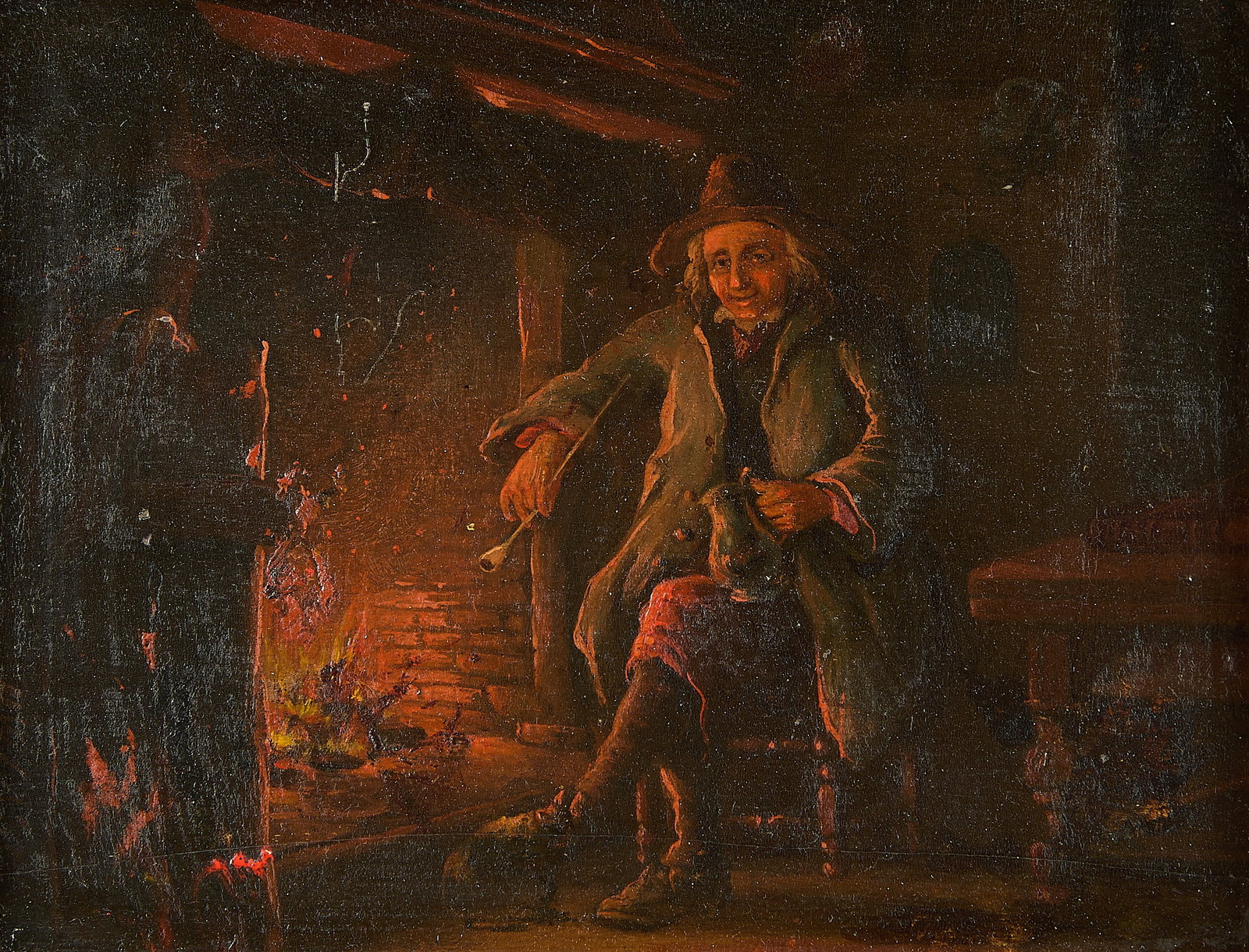Flemish Dutch Genre Scene Oil Painting: Dutch or Flemish oil on board painting depicting a man seated by the fire. Unframed; height: 6 in x width: 8 in. Framed; height:13 in x width: 15 in x depth: 1 3/4 in.