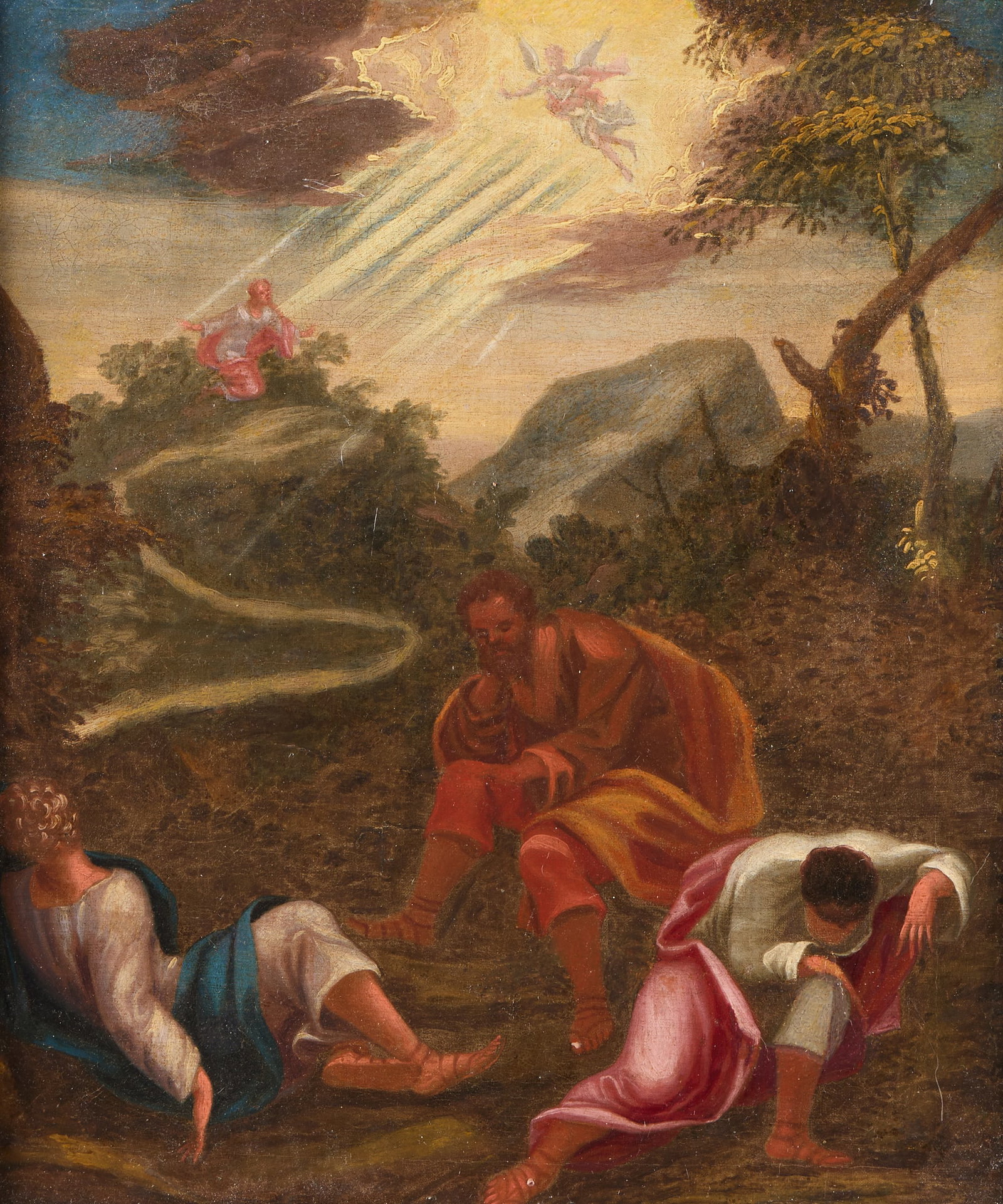 After Vasari Garden of Gethsemane Painting: After Giorgio Vasari (Italian, 1511-1574). Old Master oil on canvas painting depicting the biblical scene of The Agony in the Garden; Christ praying in Gethsemane while his disciples sleep nearby, wit