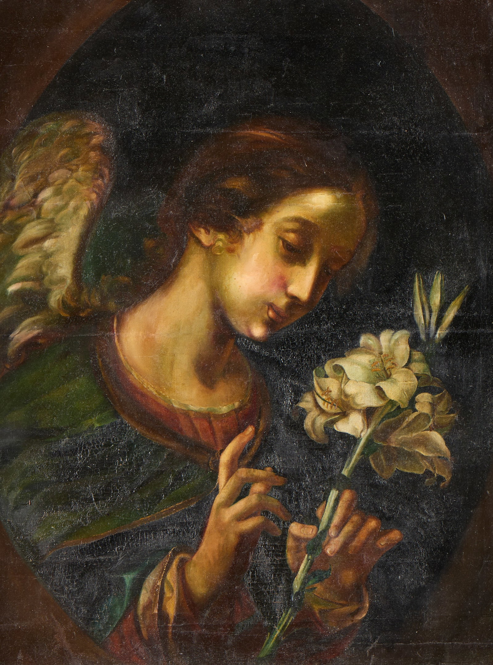 Aft. Dolci "Angel of the Annunciation" Painting: After Carlo Dolci (Italian, 1616-1686). Oil on canvas painting depicting the Archangel Gabriel holding white lilies, symbolizing the purity and innocence of the Virgin Mary. After Dolci's work titled 