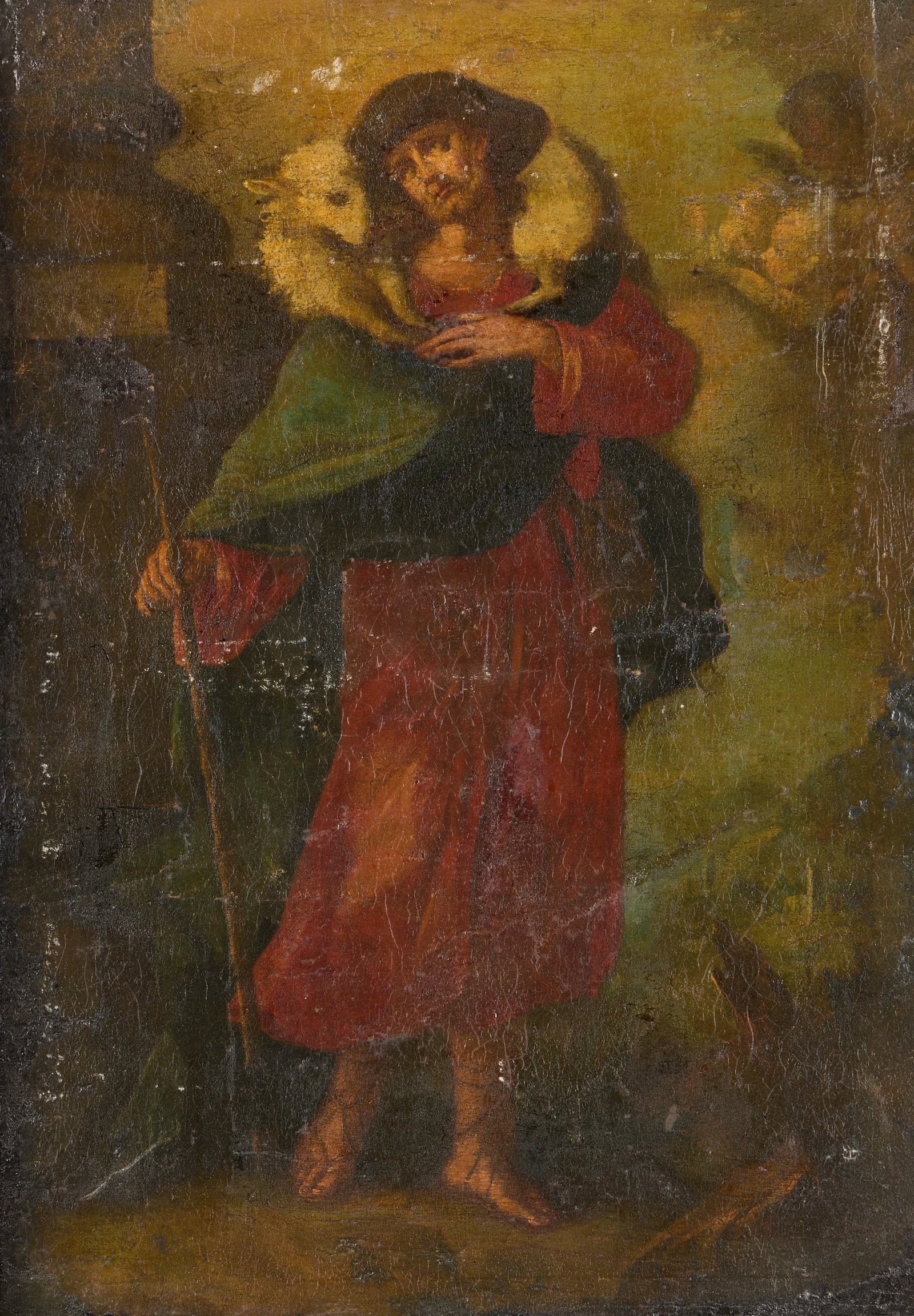 Aft. Carlo Dolci "The Good Shepherd" Oil Painting: After Carlo Dolci (Italian, 1616-1686). Oil on canvas painting titled "The Good Shepherd," depicting a robed figure carrying a lamb over his shoulders. The artist attribution and title incised upon a 