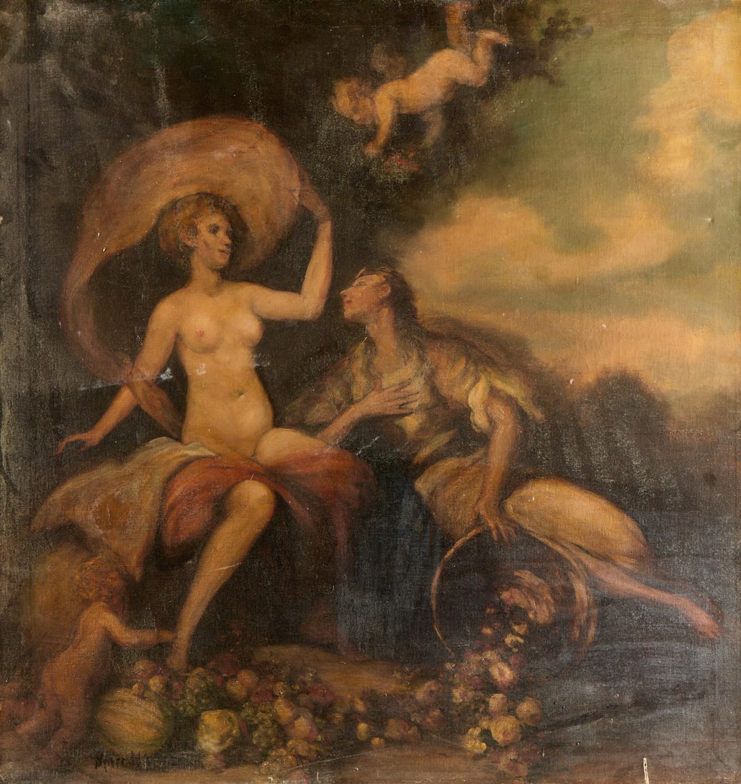19th c. Mythological Cherub Oil Painting: Oil on canvas painting depicting a partially nude woman beside a swooning figure and two putti or cherubs in a mythological scene, 19th century. Signed indistinctly along the lower left; possibly sign