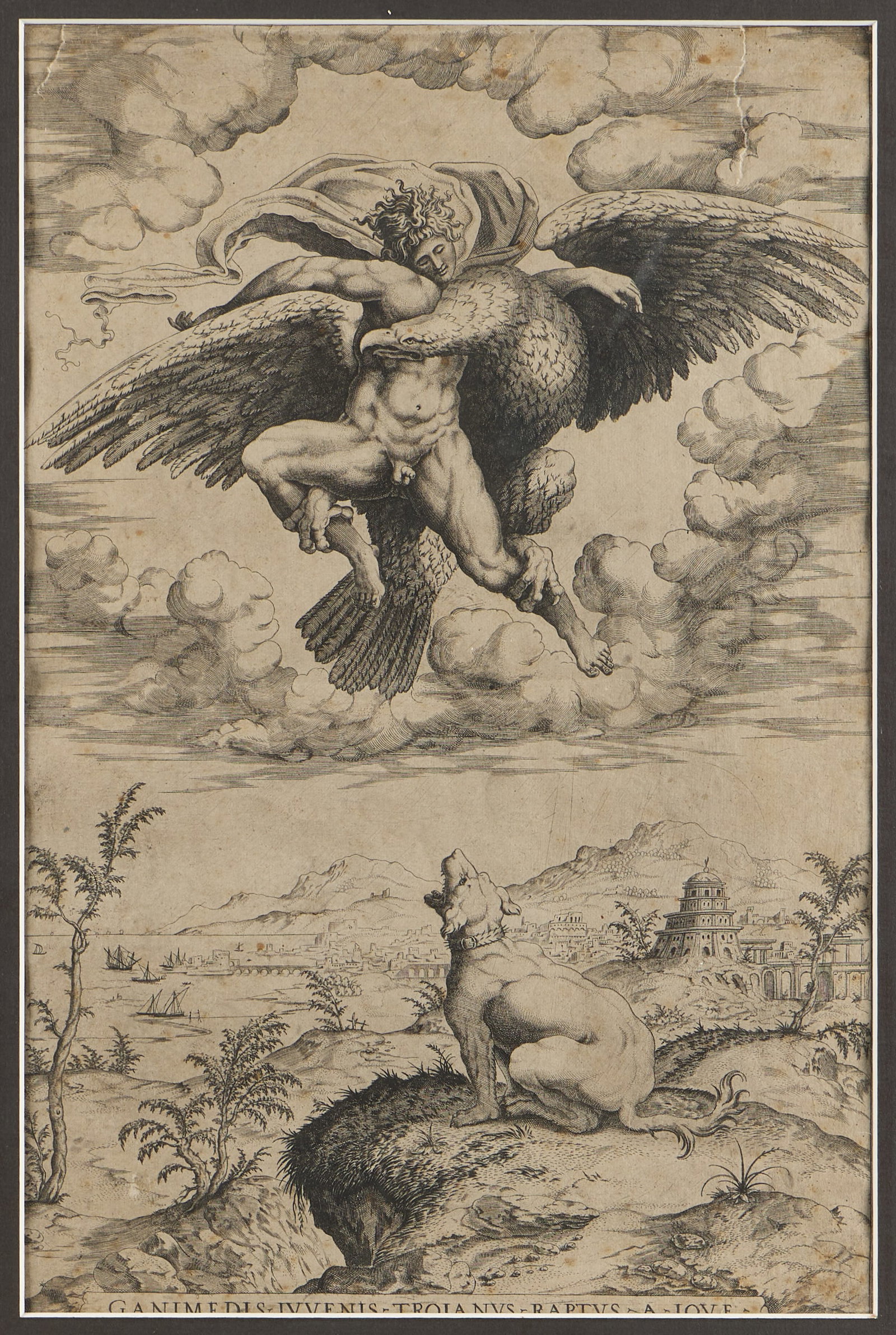 After Michelangelo "Rape of Ganymede" Engraving: After Michelangelo Buonarroti (Italian, 1475-1564). Engraving on paper titled "The Rape of Ganymede by Jupiter," depicting Zeus in the form of an eagle abducting the beautiful shepherd. Titled in plat
