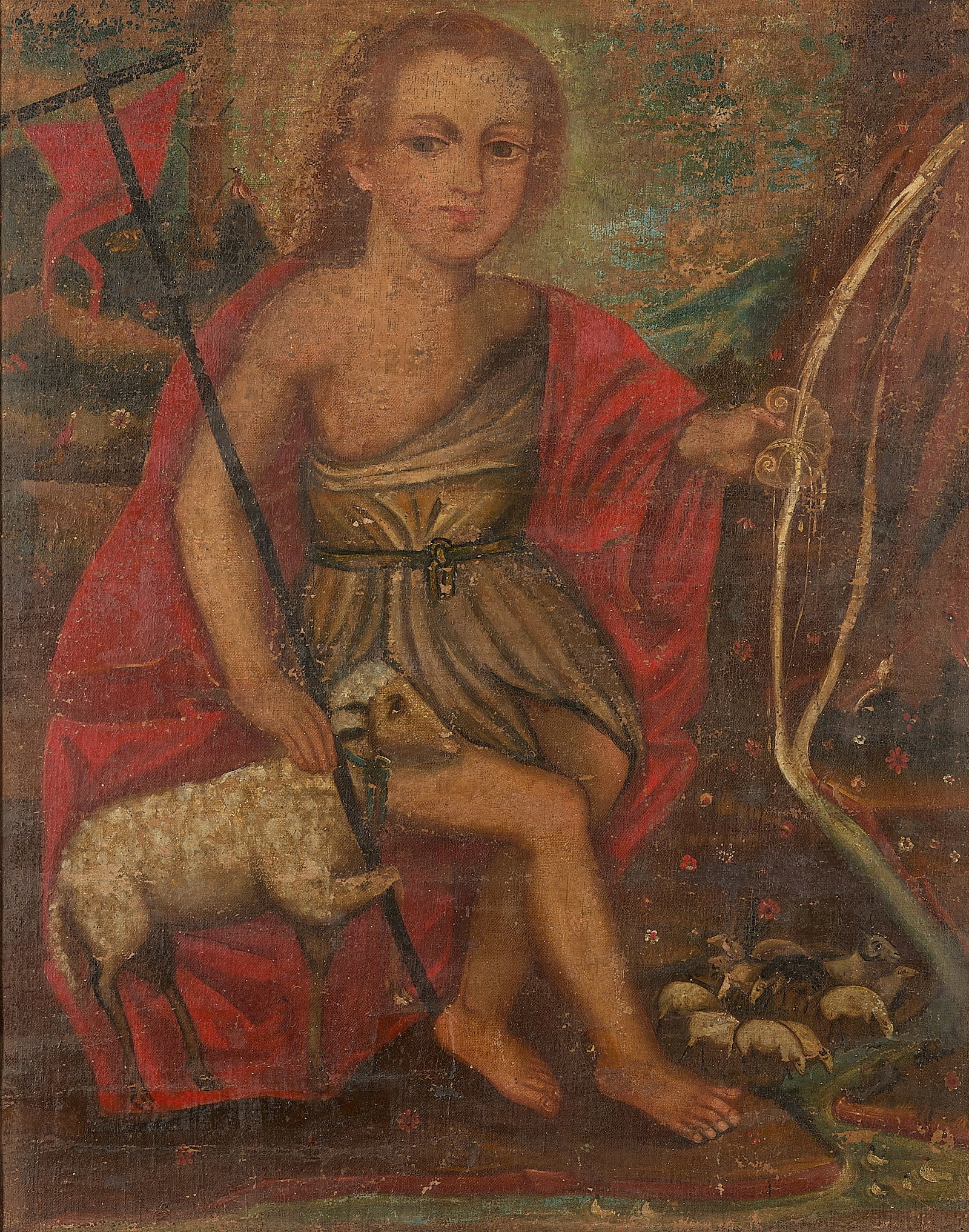 Old Master Spanish Colonial St John Oil Painting: Old Master Spanish Colonial oil on canvas painting depicting young Saint John the Baptist. With a lamb seated beside him and a staff in his right hand. Provenance: John Moran Auctioneers, "Studio Fine