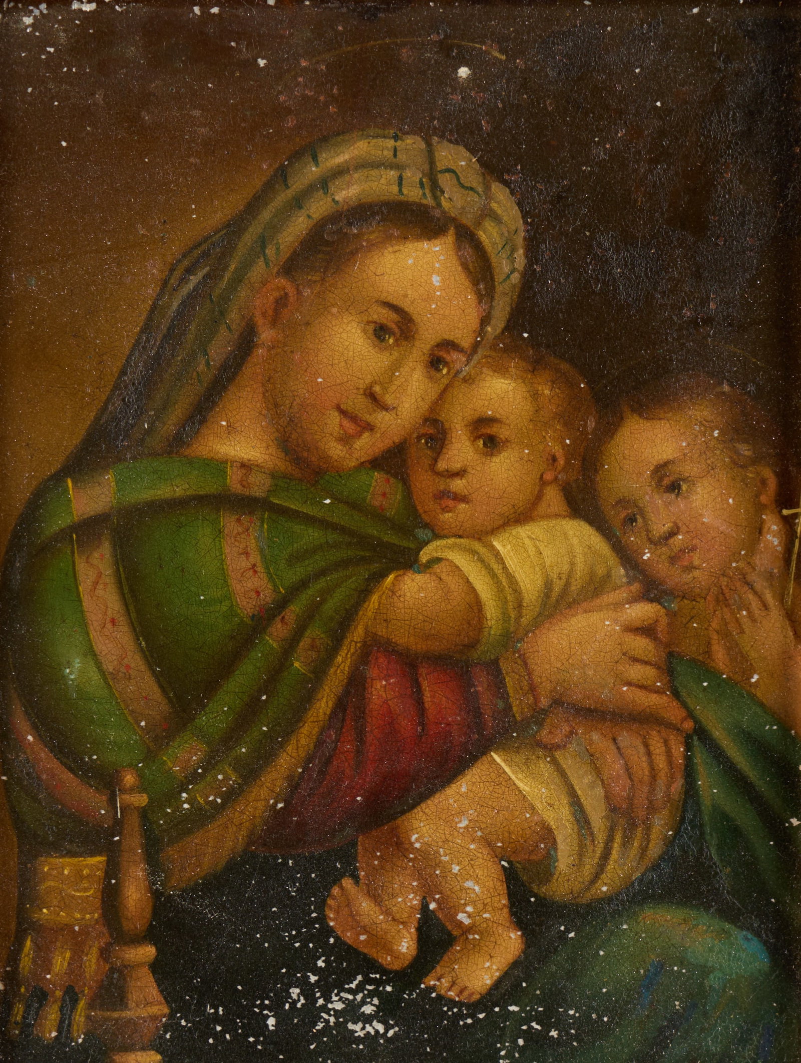 Aft. Raphael "Madonna della Seggiola" Oil Painting: After Raphael (Italian, 1483-1520). Oil on tin painting depicting the Virgin Mary with the Christ Child and young Saint John the Baptist. After Raphael's work titled "Madonna della Seggiola (Madonna o