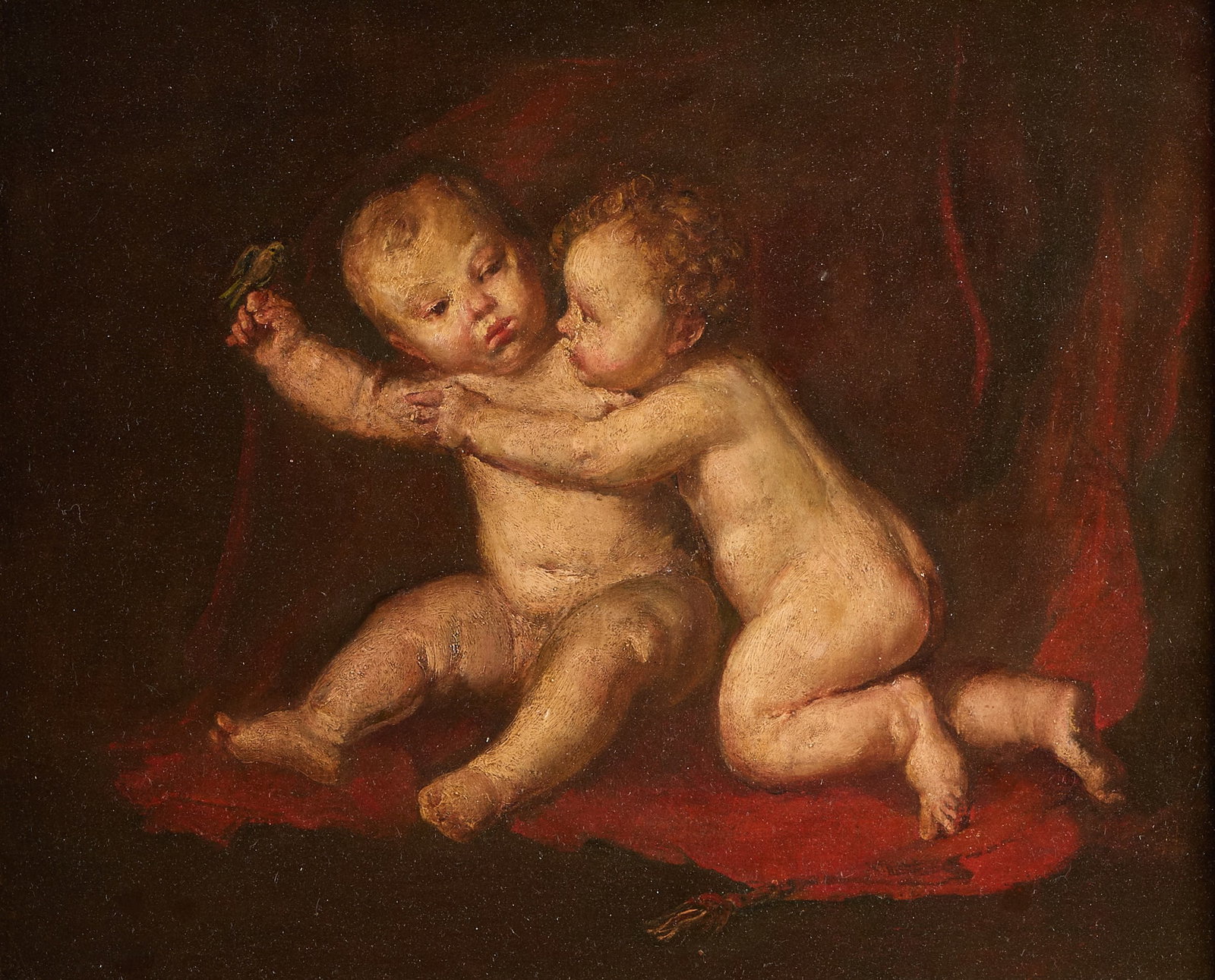 Old Master Jesus & John the Baptist Oil Painting: Old Master oil on canvas painting depicting the Christ Child and the infant Saint John the Baptist. Pencil inscribed "Ouinee" and numbered 1906 along the verso. With a toned framer's label affixed alo