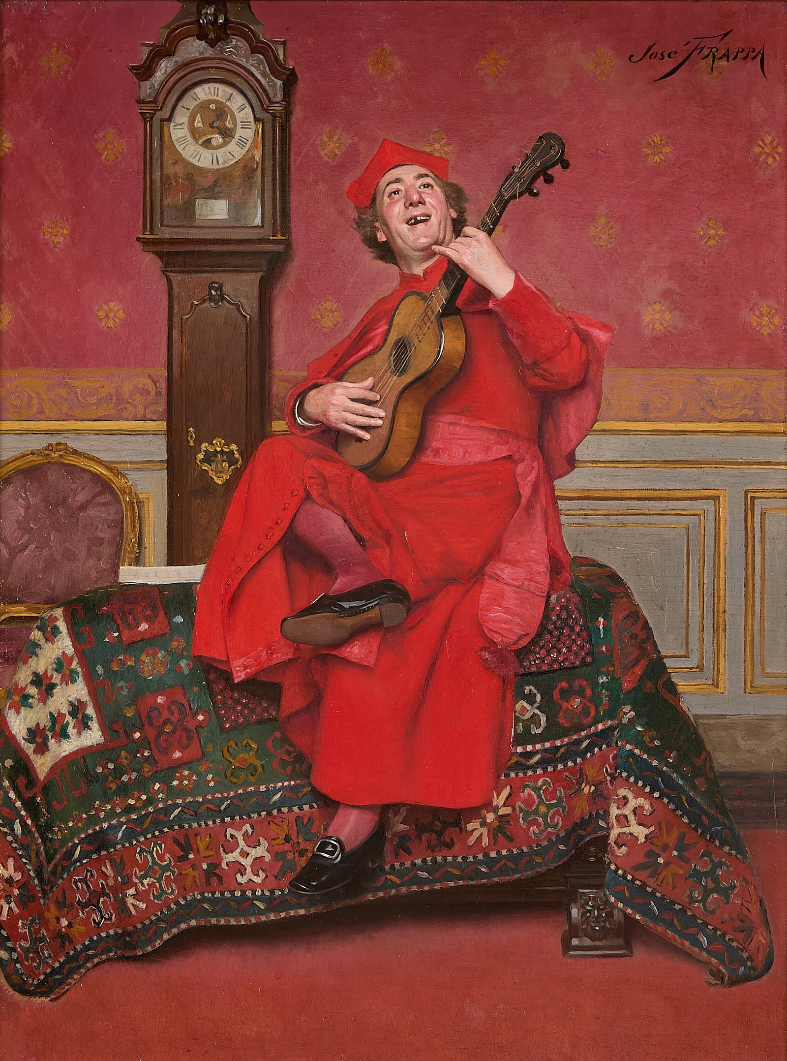Jose Frappa Singing Cardinal Painting: Jose Frappa (French, 1854-1904). Oil on board painting depicting a musical cardinal in red playing a guitar or lyre seated on a rug or tapestry. Signed along the upper right. Label from Water Street G