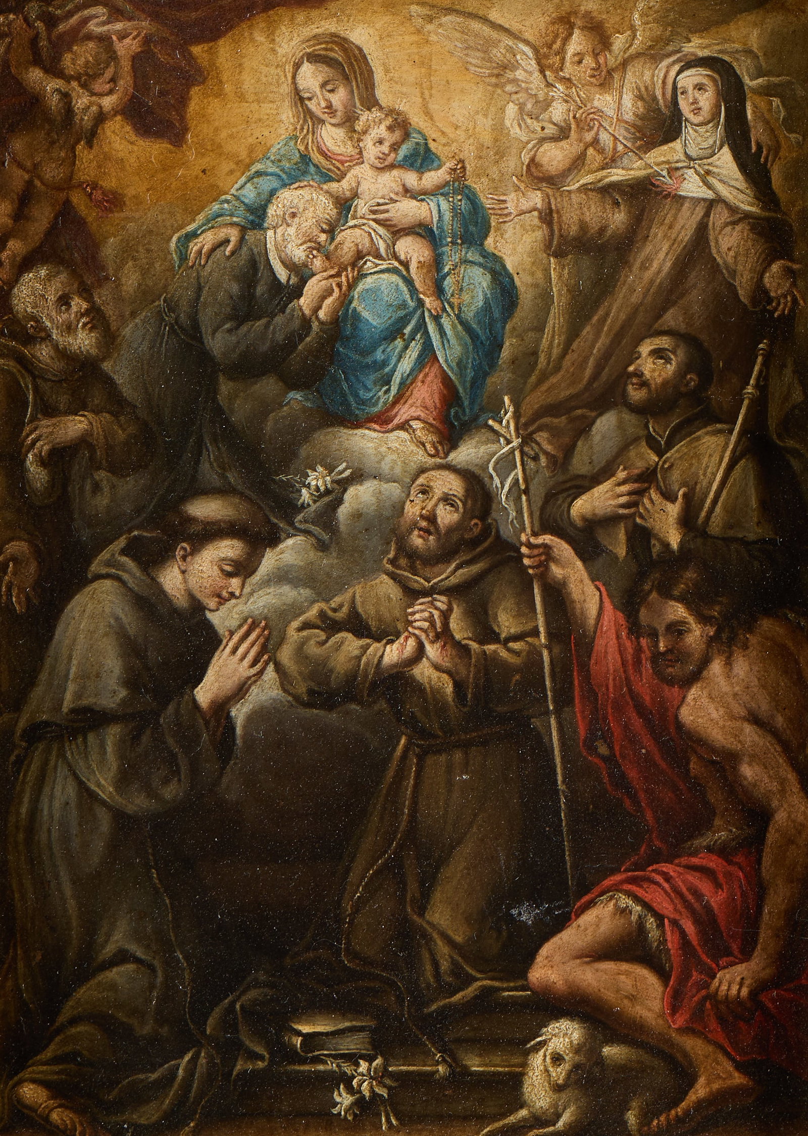 Old Master Madonna & Christ Child Oil Painting: Old Master oil on tin panel painting depicting the Virgin Mary and Christ Child appearing before Saint Francis of Assisi. Unframed; height: 13 1/4 in x width: 9 3/4 in. Framed; height: 18 1/4 in x wid