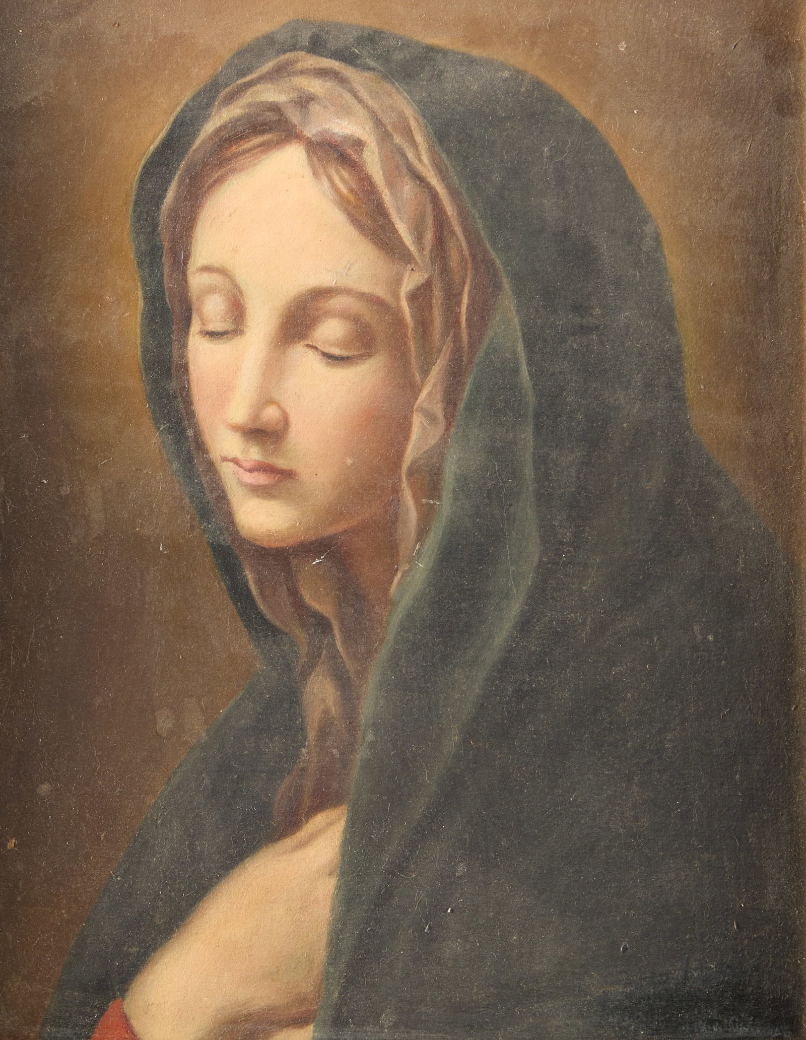 Our Lady of Sorrows Virgin Mary Oil Painting: Oil on board painting depicting the Virgin Mary or Madonna in sorrows. Possible illegible signature along the lower right corner. Sight; height: 13 1/2 in x width: 10 1/2 in. Framed; height: 19 1/2 in
