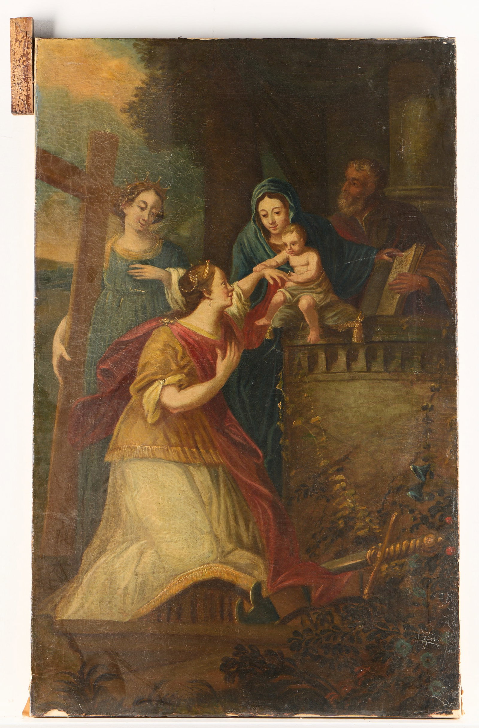 Old Master Madonna & Christ Child Oil Painting: Old Master oil on canvas painting depicting figures greeting the Virgin Mary, or Madonna, holding the Christ Child. (Canvas, excluding wooden element) Height: 43 in x width: 27 in x depth: 1 1/4 in.