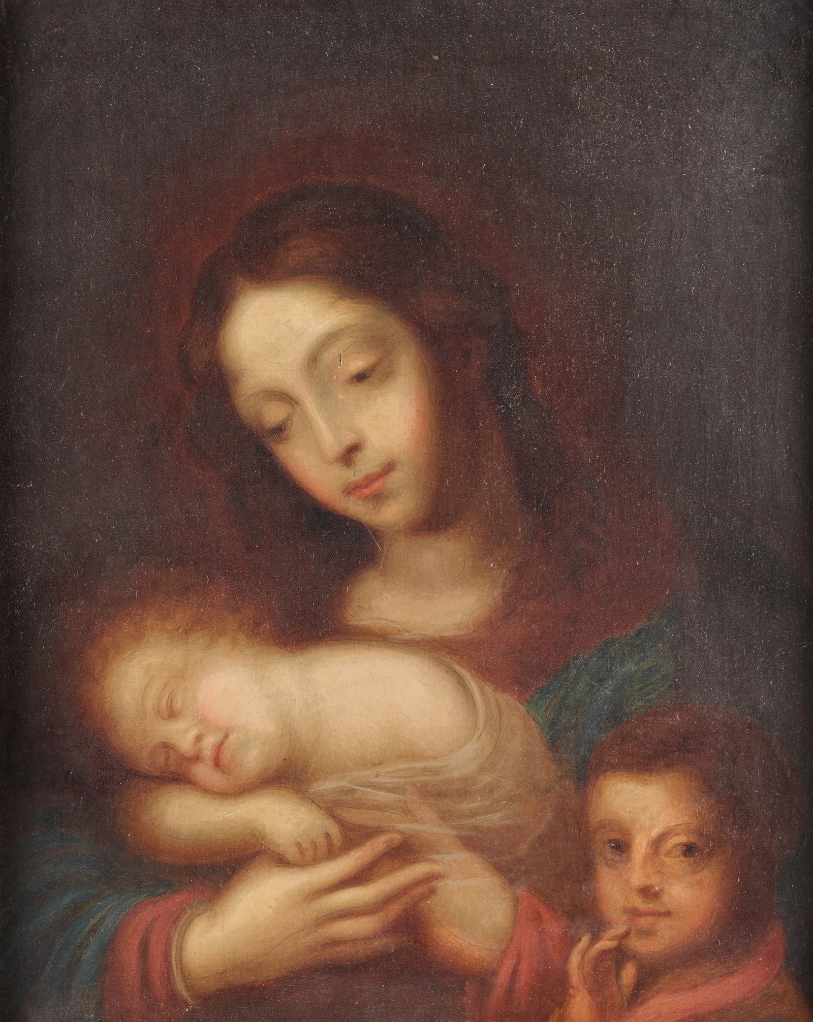 Old Master Madonna with Christ Child Oil Painting: Old Master oil on canvas painting depicting the Virgin Mary, or Madonna, swaddling the sleeping Christ child with young Saint John the Baptist by her side. Provenance: Bill Hood & Sons Art & Antique A