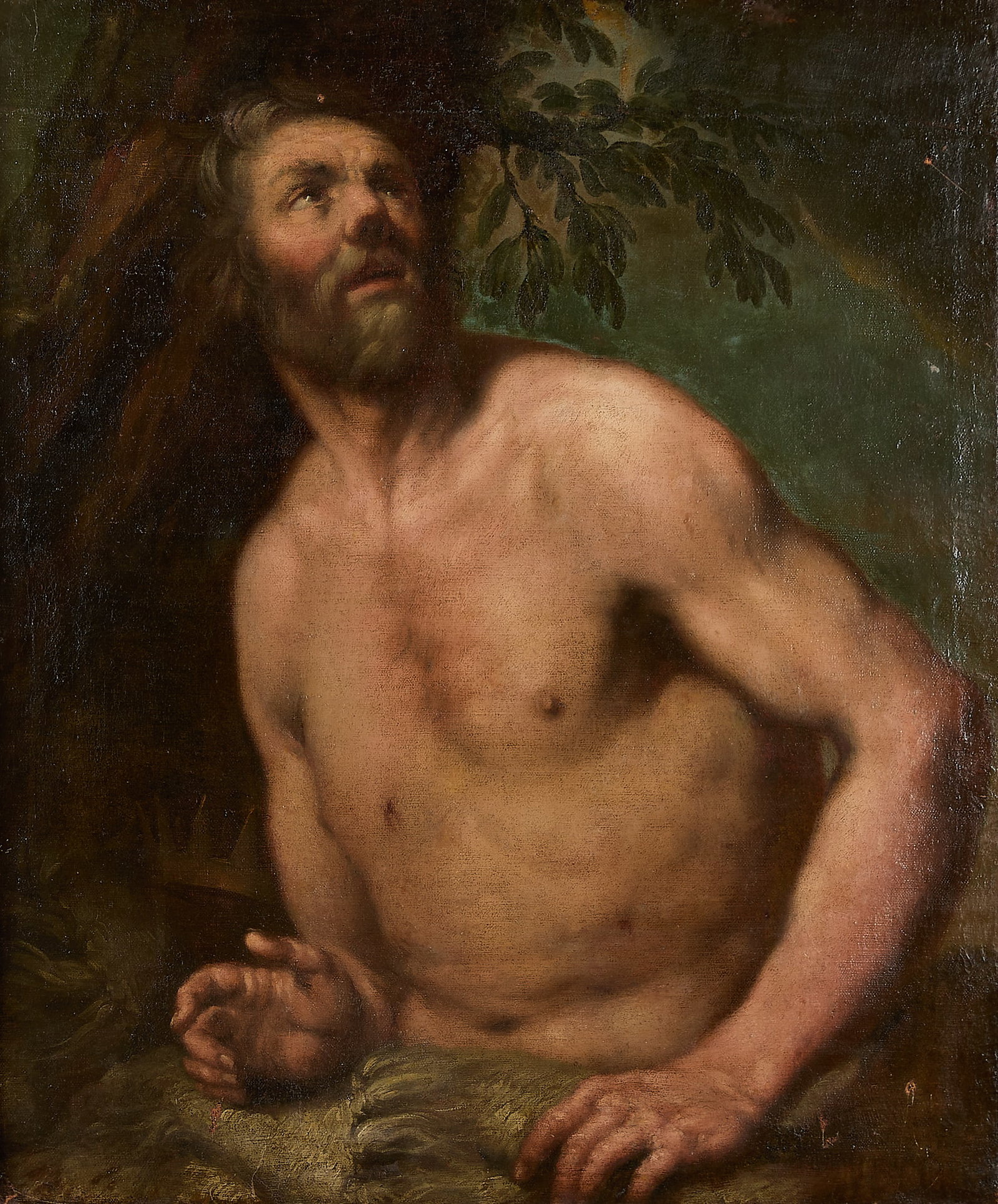After Paolo Veronese Biblical Painting: After Paolo Veronese (Italian, 1528-1588). Venetian School oil on canvas painting depicting a Biblical figure, possibly John the Baptist, or a saintly figure, likely 17th century. This striking half-l